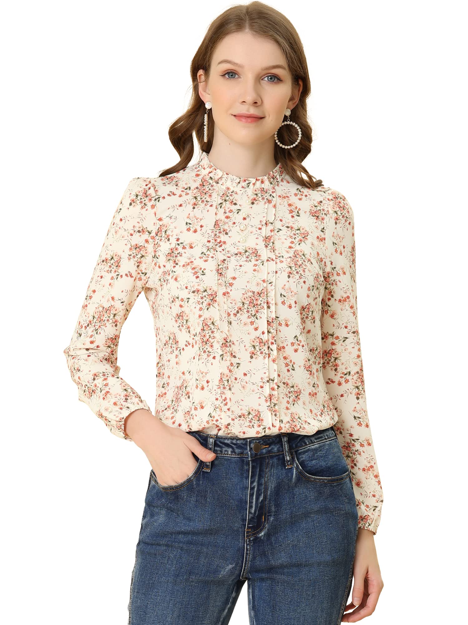 Allegra K Women's Floral Flounce Mock Neck Long Sleeve Blouse - Elegant Work Tops for Office, Business Casual & Spring Outfits