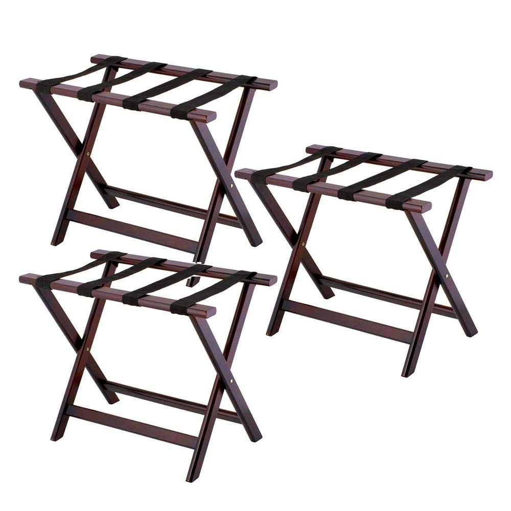 3-Pack Red Brown Wooden Luggage Rack - Folding Suitcase Stand with Tray Shelf for Hotel, Home & Office - Mahogany Finish (24.5