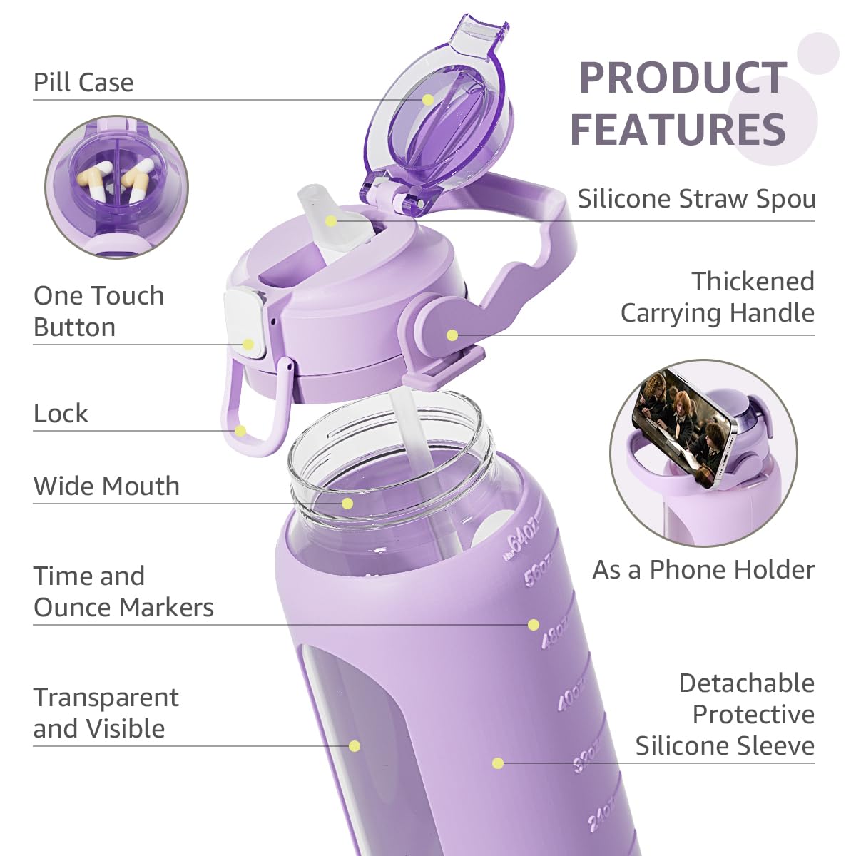 64Oz Glass Water Bottle with Straw Lid & Handle - Half Gallon Motivational Water Bottle with Time Marker, Silicone Sleeve & Strap - Large Sport Water Jug for Gym, Hiking, Office & Outdoor Activities (Purple)