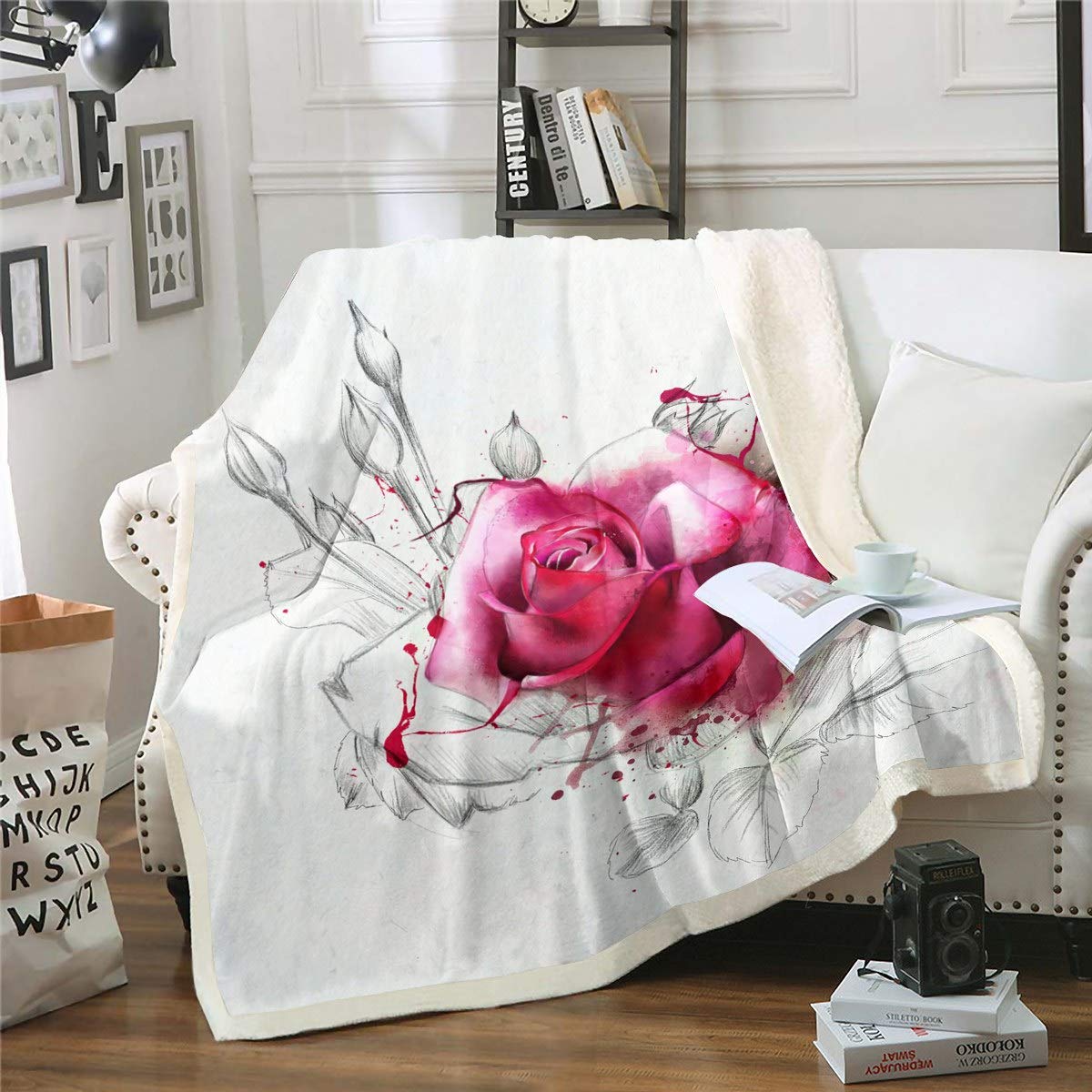 Soft Rose Sherpa Fleece Throw Blanket - 60x80 Inch Floral Print Plush Blanket for Couch, Bed & Sofa | Romantic Garden-Themed Fuzzy Blanket for Cozy Nights, Home Decor, Gift Giving & Winter Warmth