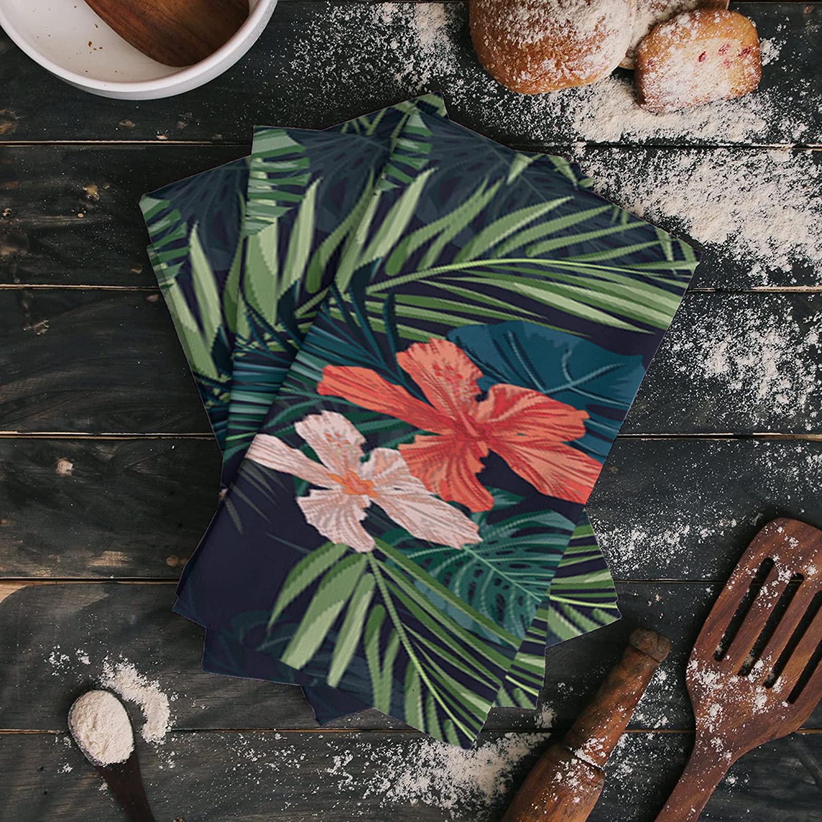 Tropical Hawaiian Flowers Leaves Kitchen Dish Towels Set of 4 - Soft Lightweight Microfiber Absorbent Hand & Tea Towels (18x28 Inch) for Kitchen, Bathroom, Dining & Party Decor