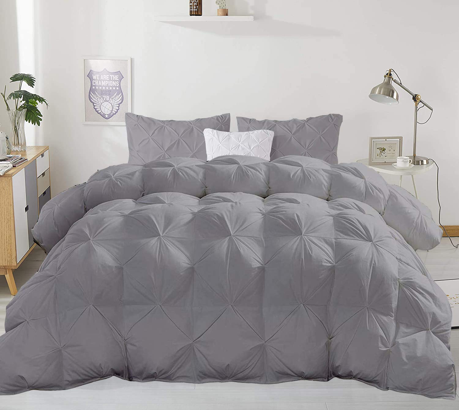 Premium 600 GSM All-Season Quilted Pinch Pleated Comforter Set - 3 Piece (Comforter + 2 Pillow Shams) | 100% Cotton Duvet Insert | Full/Queen Size | Light Grey | Ultra Soft & Fluffy | Perfect for Master Bedroom, Guest Room & Cozy Home Decor