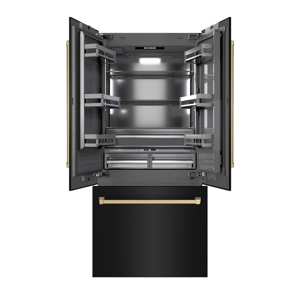 ZLINE Autograph Edition 36 Inch French Door Built-In Bottom Freezer Refrigerator - 19.6 cu.ft Capacity, Black Stainless Steel with Graphite Gray Interior & Champagne Bronze Accents - Water Dispenser & Ice Maker Included - Perfect for Modern Kitchens & Open-Concept Homes