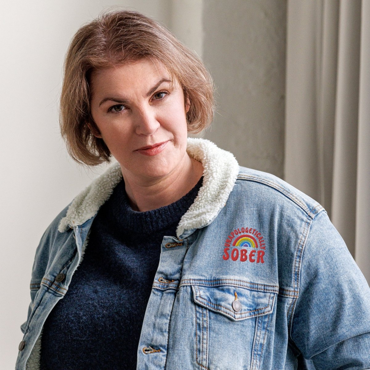Unisex Sherpa Denim Jacket with Embroidered 'Unapologetically Sober' Design - Cozy Winter Fashion for Sober Living & Recovery Support