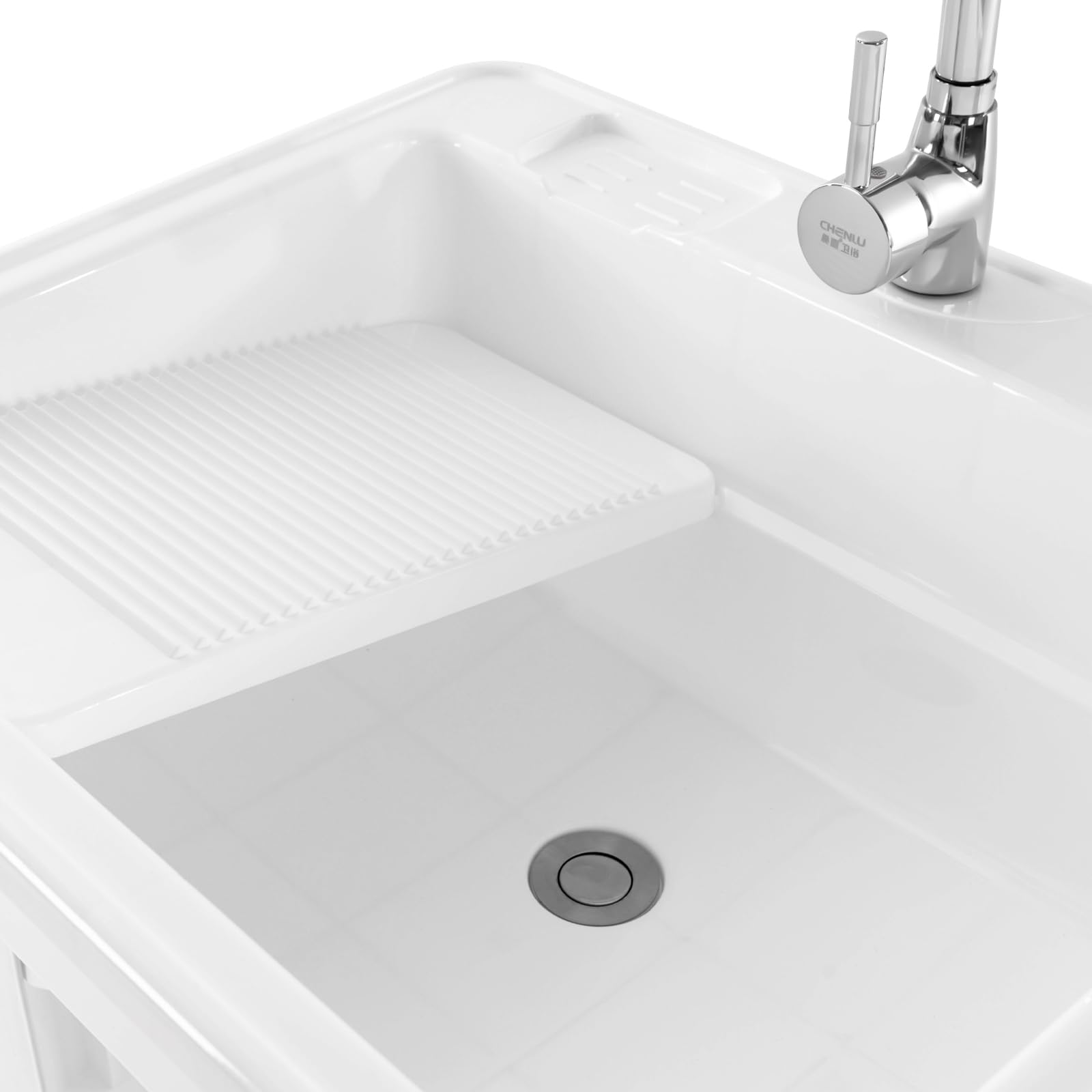 Large White Freestanding Utility Sink with Faucet & Removable Washboard - Spacious Laundry Tub for Laundry Room, Garage, Basement & Garden - Perfect for Washing Clothes, Cleaning Tools & Outdoor Use