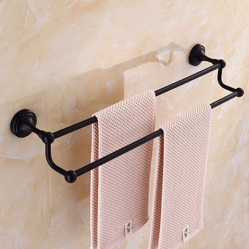 Black 40Cm All Copper Wall Mounted Double Rail Towel Rack - Bathroom & Kitchen Towel Holder Bar with Hanger | Space-Saving Drying Solution for Small Bathrooms & Modern Kitchens