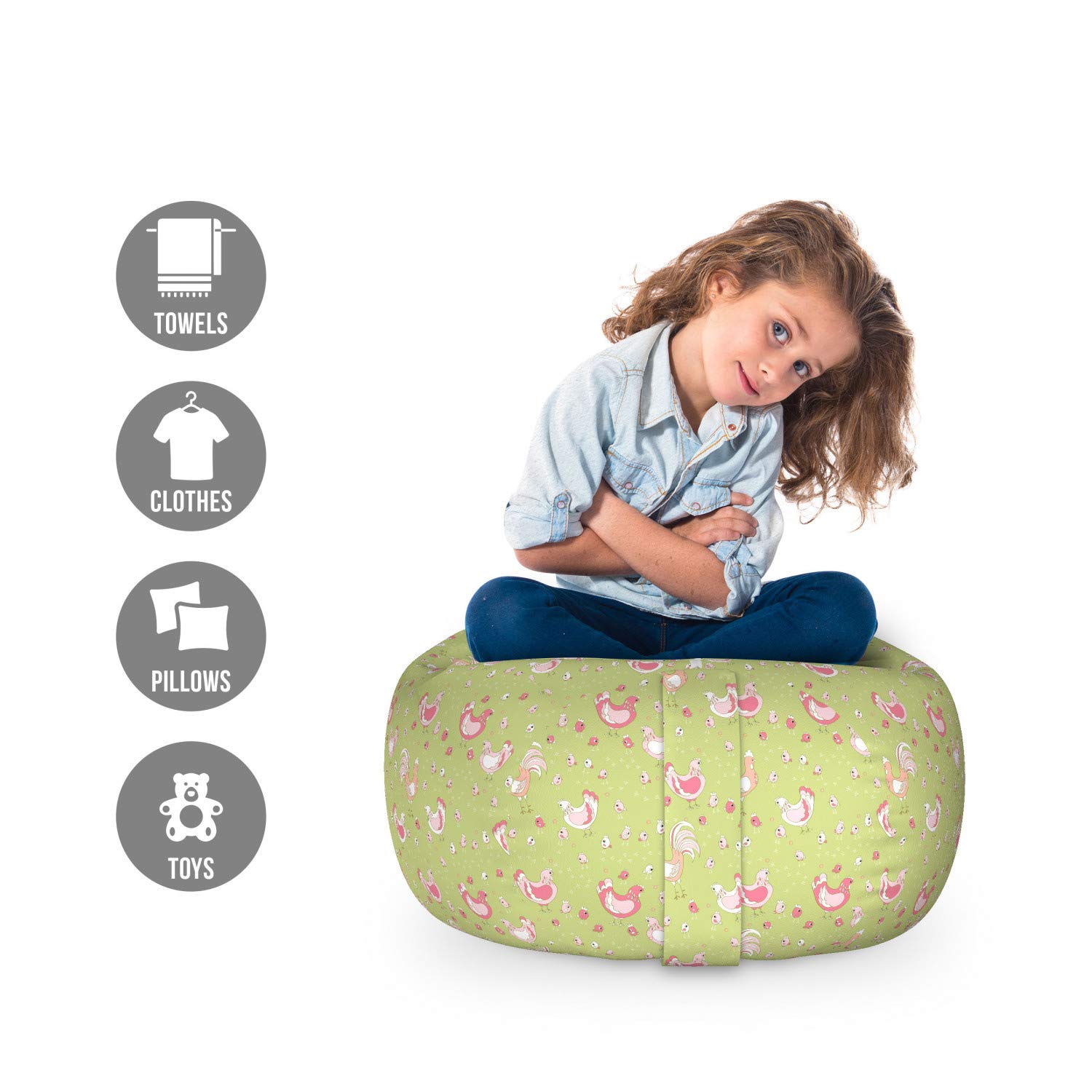 Ambesonne Hen and Chicks Storage Toy Bag Chair - Cartoon Chicken & Rooster Pattern Stuffed Animal Organizer - Washable Small Size Green Pink - Kids Room Decor, Nursery Storage, Playroom Organization