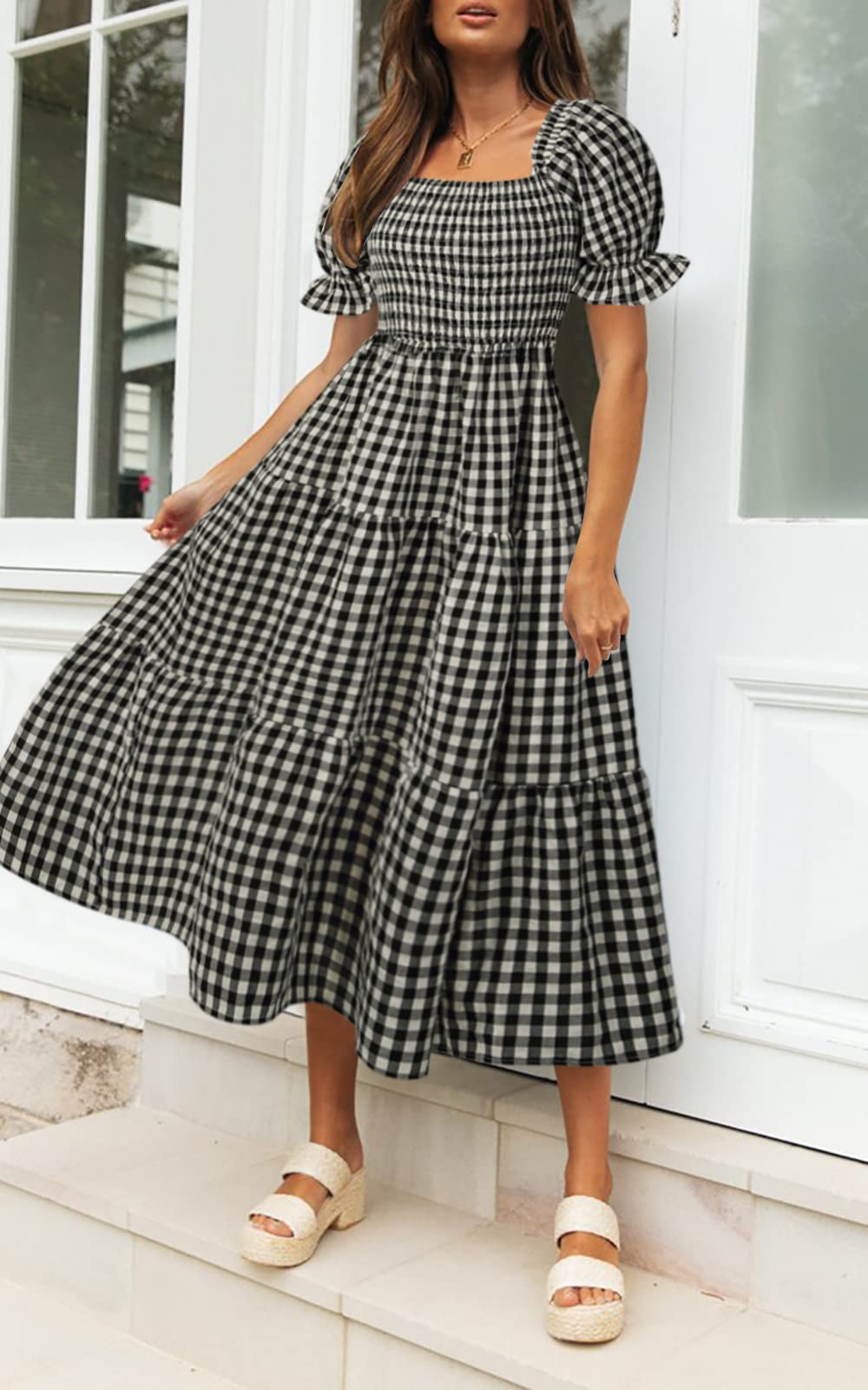 ZESICA Women's 2025 Bohemian Summer Dress - Plaid Square Neck Puff Sleeve Ruffle Flowy Midi Dress for Beach Vacation, Party & Casual Wear