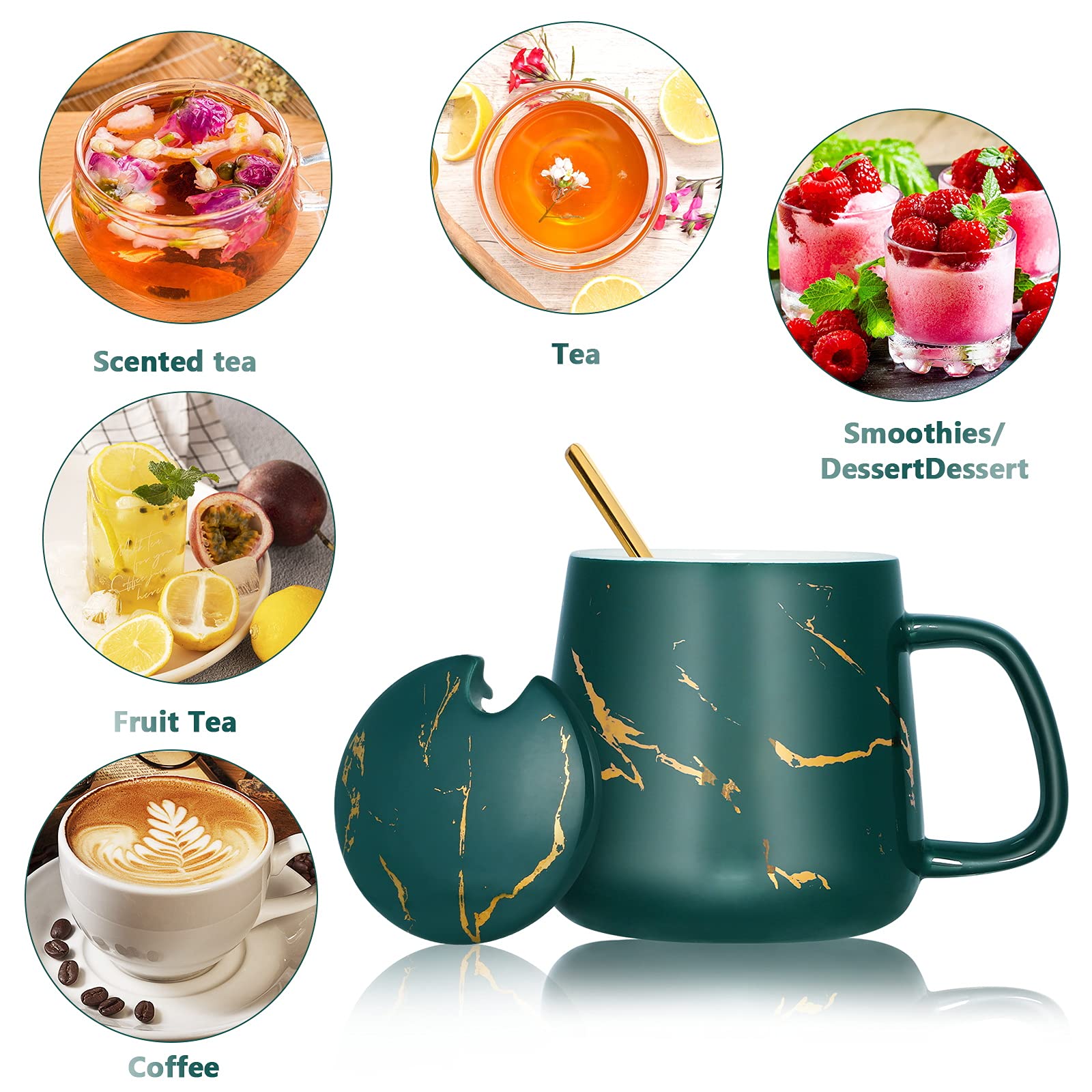 Premium Marbled Ceramic Coffee Mug with Lid & Spoon - 12 oz (350ml) Latte, Cappuccino, Cocoa & Tea Cup - Perfect for Home, Office & Gifts (Green)