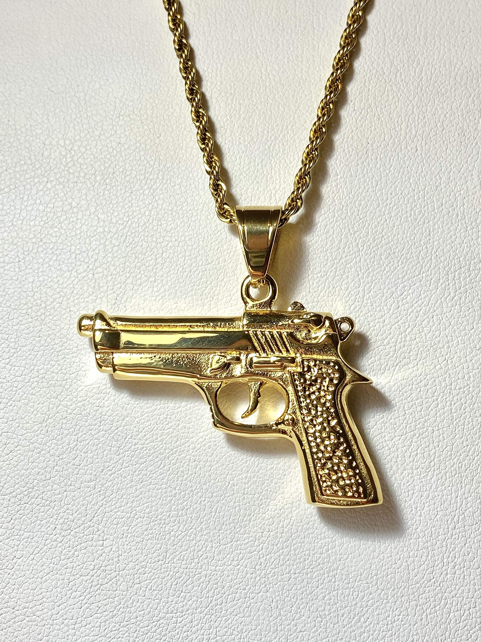 14k Gold Finish Gun Revolver Pistol Pendant Necklace for Men & Women - 2.5mm Stainless Steel Rope Chain - Perfect for Shooting Range, Hunting Gifts & Military Apparel Accessories