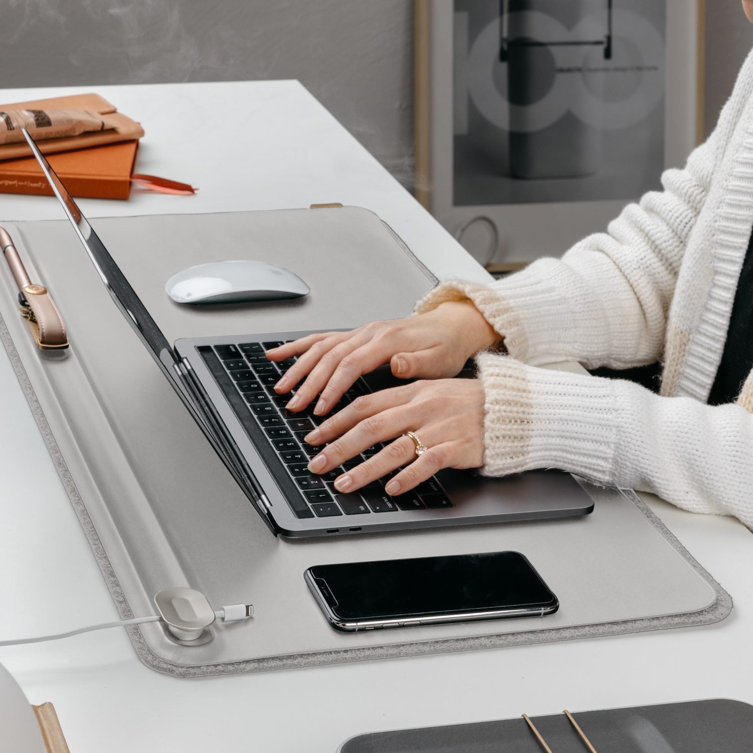 ORBITKEY Premium Leather Desk Organizer - Large Size in Matte Stone Finish | Stylish Office Accessory for Home & Workspace Organization