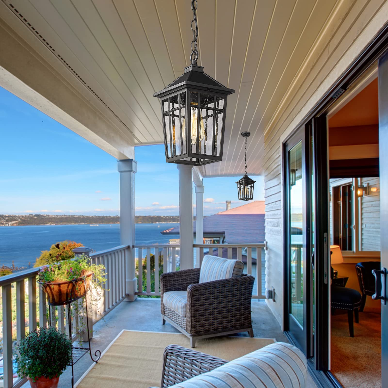 Darkaway Outdoor Pendant Light Fixture - Waterproof Rust-Resistant Aluminum Hanging Light with Seeded Glass for Porch, Entryway, Doorway - Farmhouse Black Style - Perfect for Patio, Deck, Garden & Outdoor Dining Areas