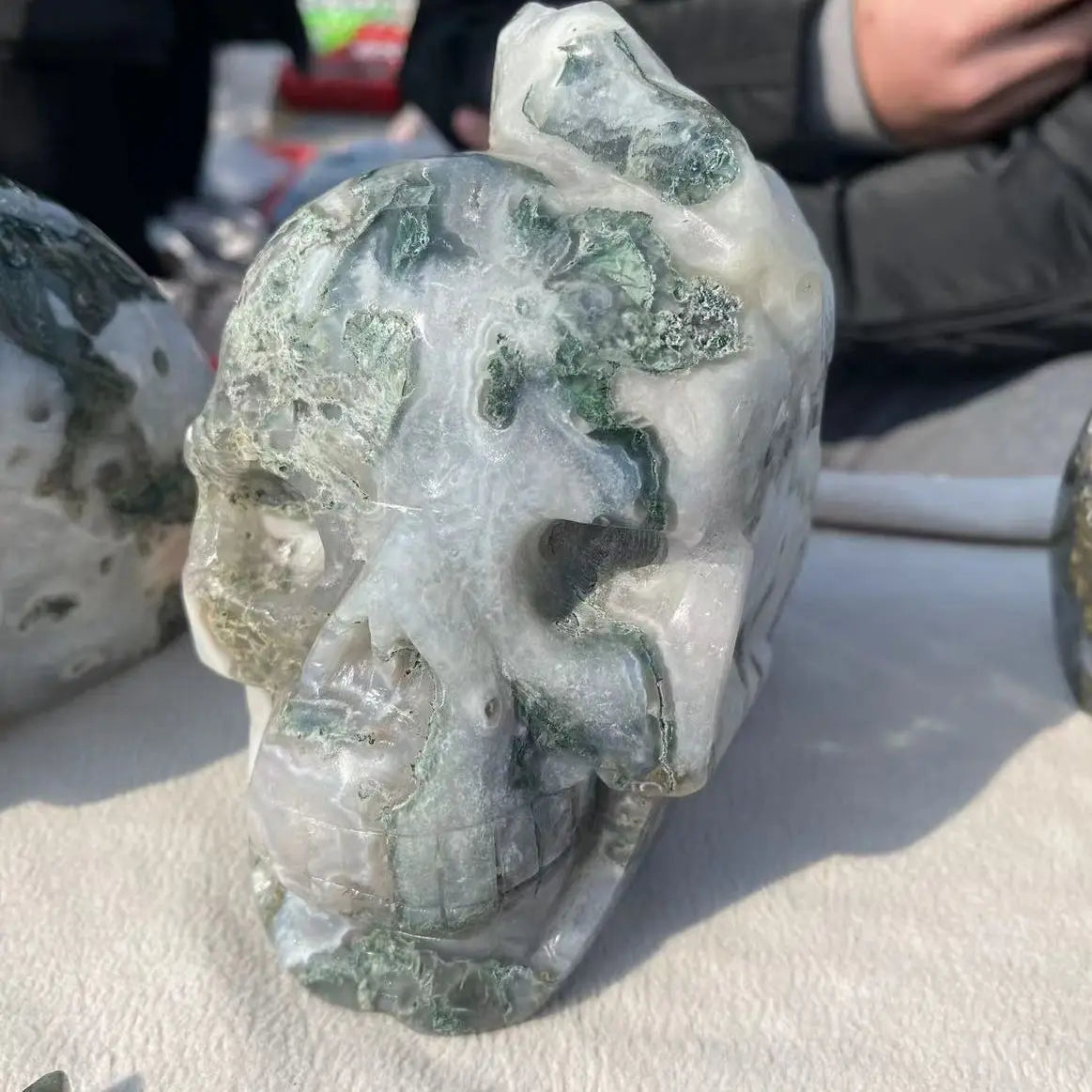 Hand Carved Natural Moss Agate Quartz Crystal Skull - 2200-2400G Healing Stone for Meditation, Reiki & Home Decor - Unique Spiritual Gift & Feng Shui Decor Piece