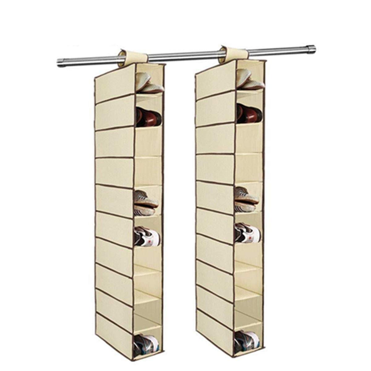 TSY TOOL 2-Pack Fabric Hanging Closet Organizer with 10 Shelves - Perfect for Shoes, Handbags, Accessories & Clothing Storage (6 x 12 x 47 inches) - Space-Saving Solution for Bedroom, Closet & Dorm Organization