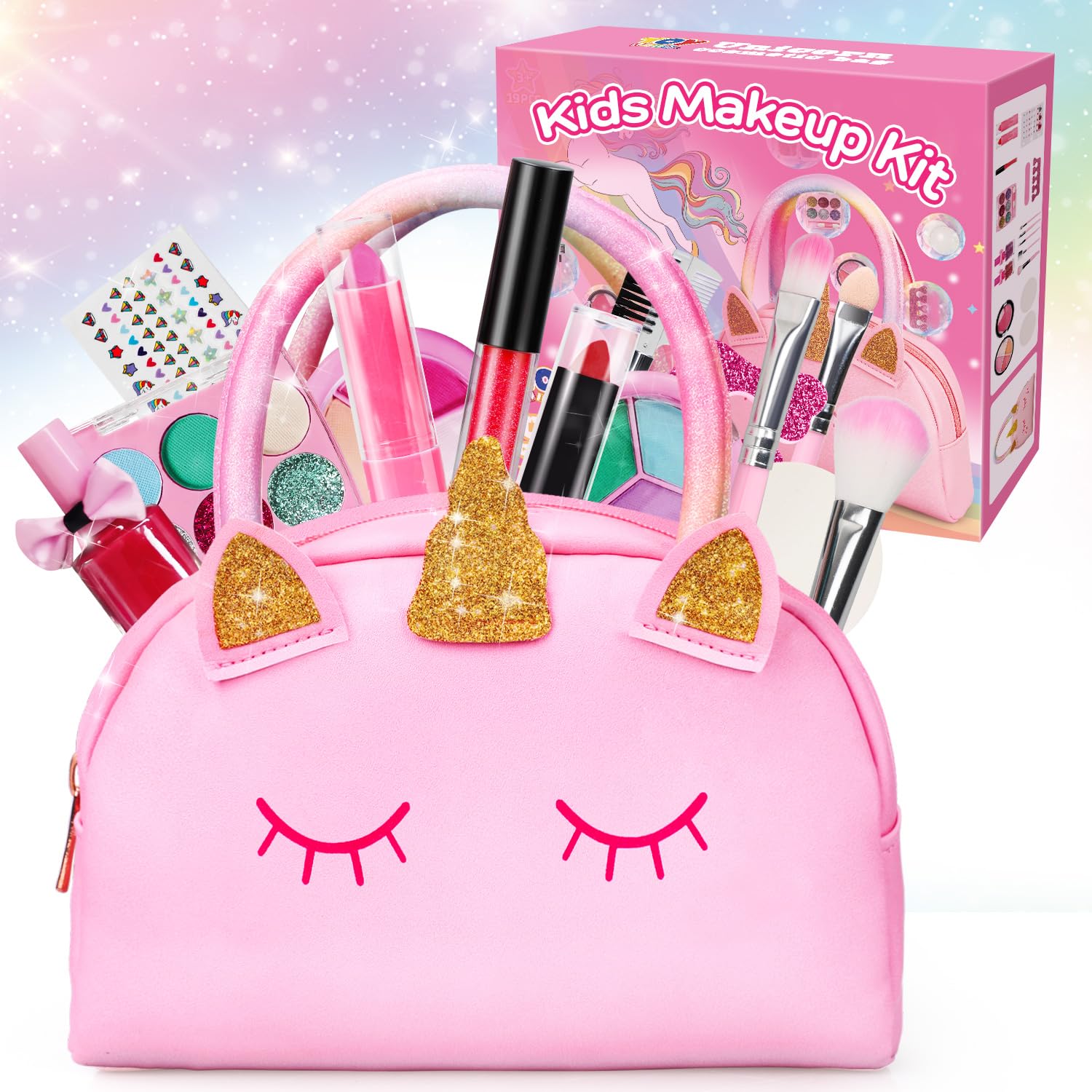 TOY Life Kids Real Make Up Kit for Girls - Washable & Non-Toxic Cosmetic Set with Pink Unicorn Bag - Pretend Play Dress Up Toys for Toddlers Ages 3-12 - Perfect for Birthday Gifts, Role Play & Dress Up Parties