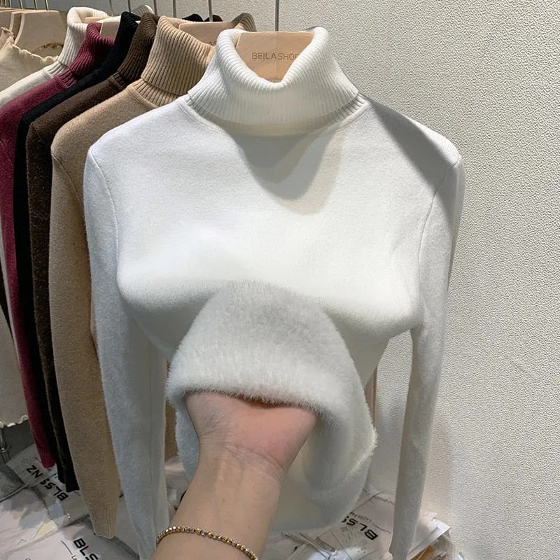 Women's Thick Velvet Turtleneck Sweater - Warm Winter Pullover for Casual Outfits & Holiday Parties