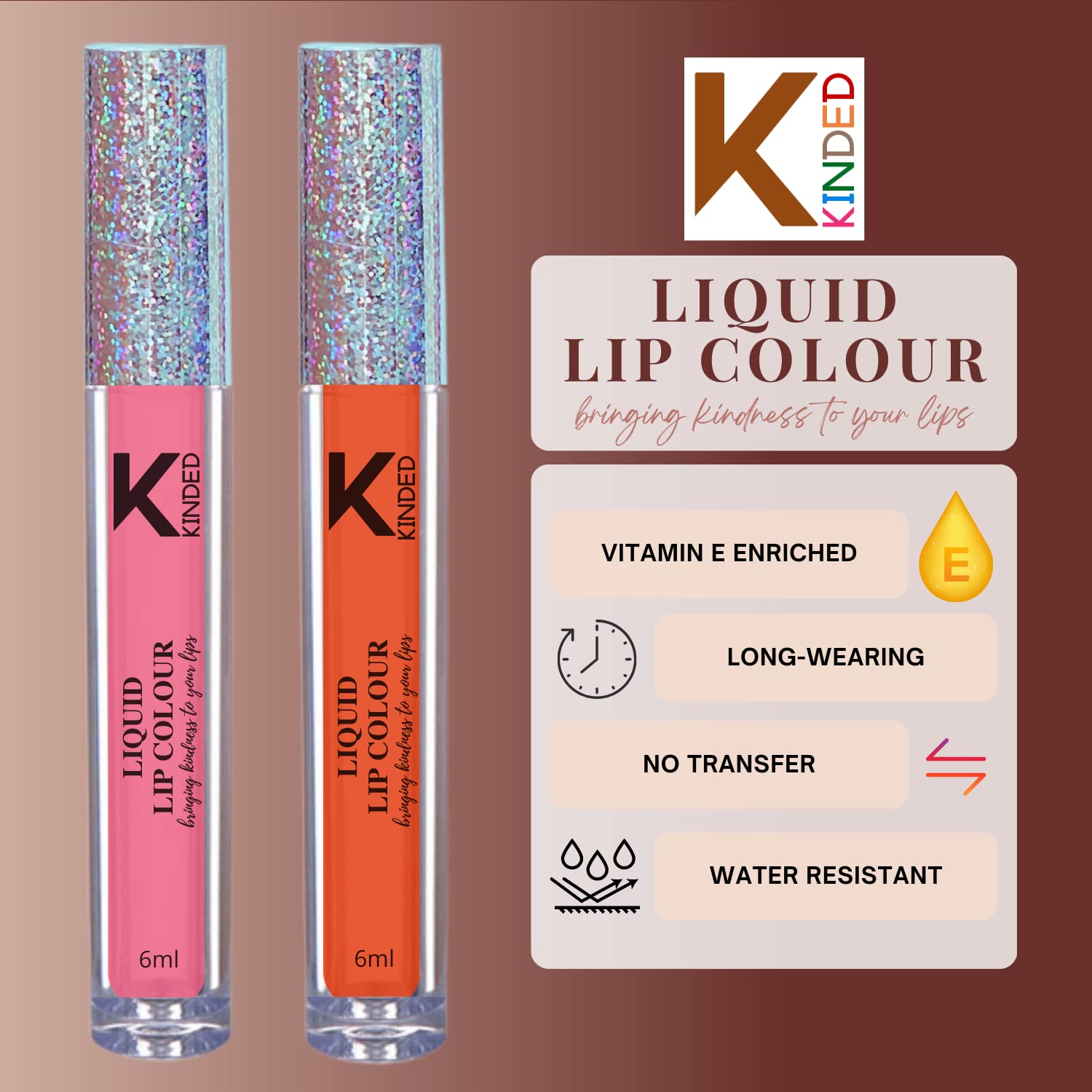 KINDED Liquid Lipstick Set - Vitamin E Enriched, Waterproof, Long-Lasting Matte Lip Color (2 Pack, 6ml Each) - Barbie Pink & Sangria Orange Shades | Perfect for Daily Wear, Parties, and Special Occasions