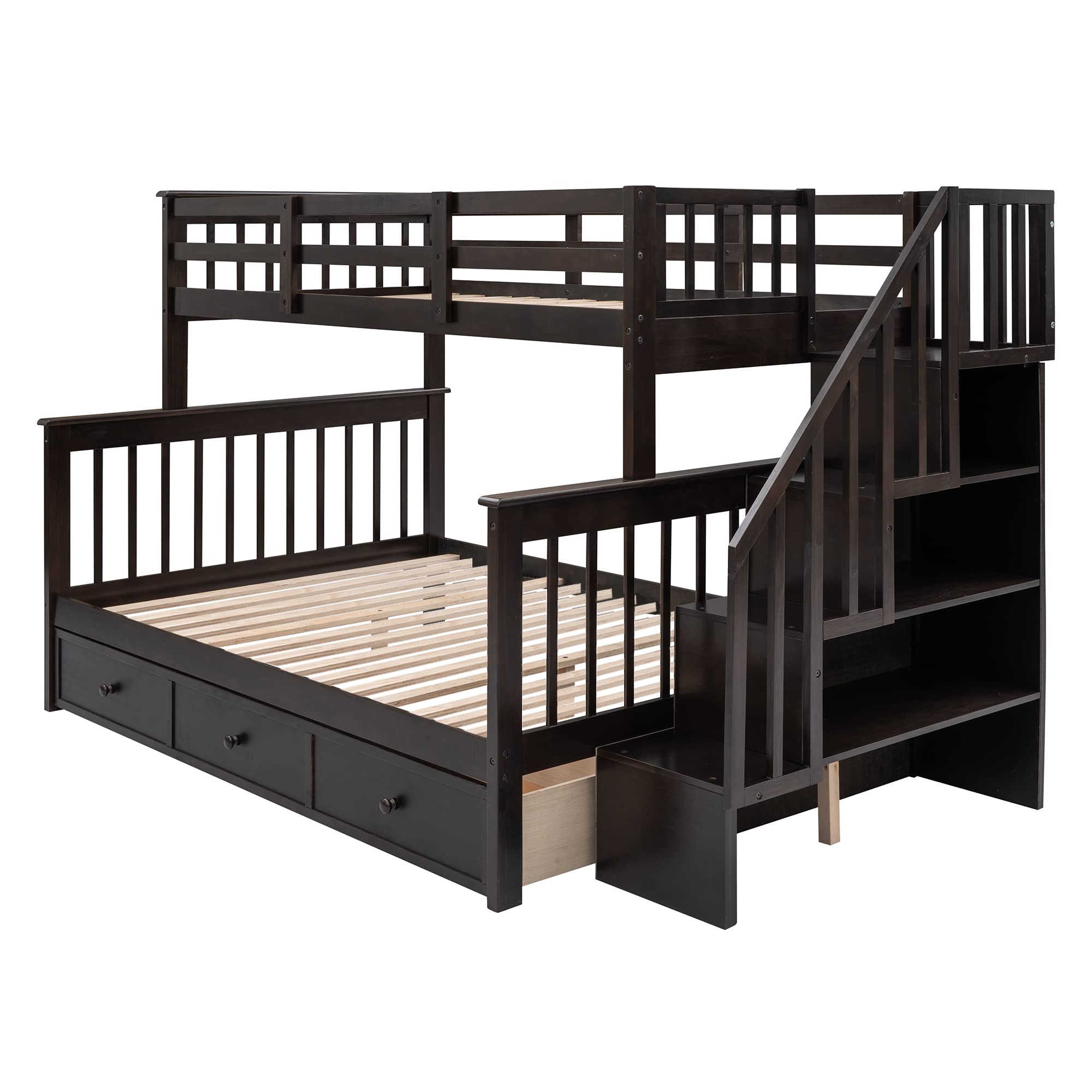 Harper & Bright Designs Twin Over Full Bunk Bed with Stairway & Storage Drawers - Solid Wood Bunk Bed Frame for Kids, Teens, Boys & Girls (Espresso) - Perfect for Small Bedrooms, Shared Kids Rooms & Space-Saving Solutions