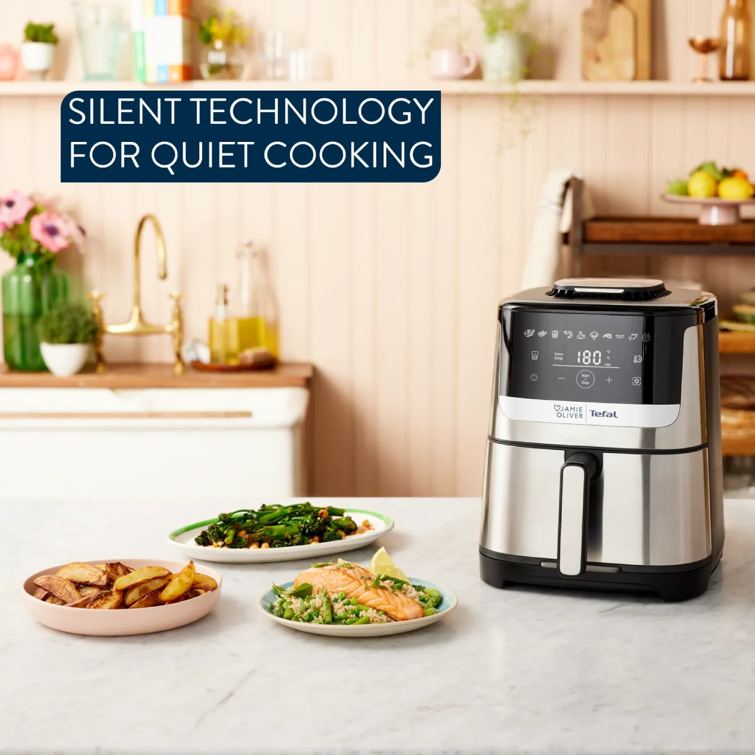 Jamie Oliver by Tefal EY55JD Quiet & Easy Air Fryer - Healthy Oil-Free Cooking for Family Meals, Snacks & Fast Food | Perfect for Home Kitchen, Small Spaces & Quick Meals