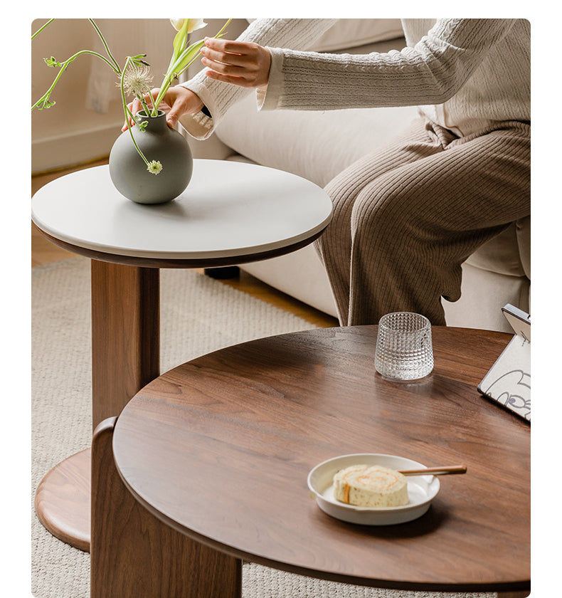 Solid Black Walnut Wood Round Slate Coffee Table - Rustic Modern Living Room Furniture for Home Decor & Tea Time Relaxation