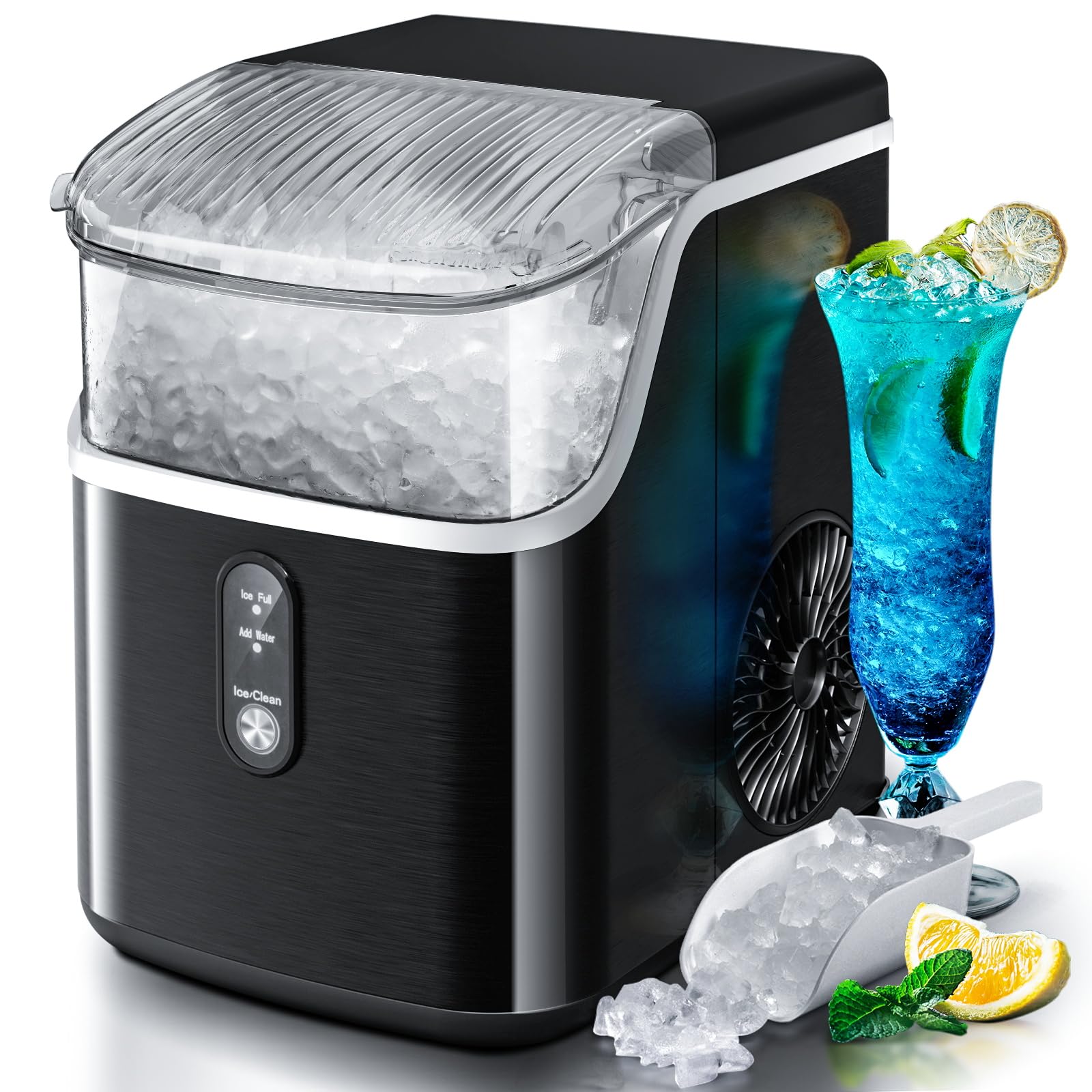 Portable Countertop Ice Maker with Soft Chewable Pellet Ice - 36Lbs/24H Self-Cleaning Sonic Ice Machine, One-Touch Operation for Kitchen, Office, Bar, RV - Stainless Steel Black Design