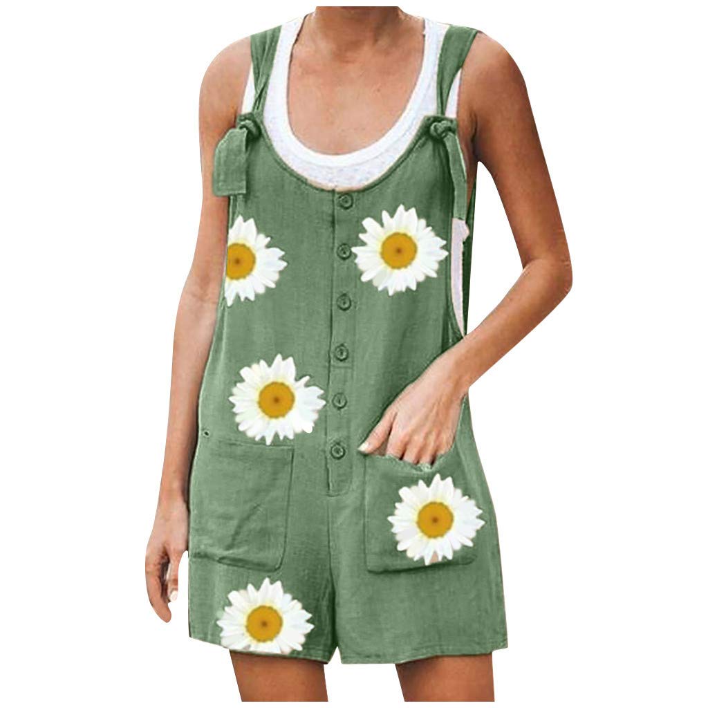 Women's Summer Casual Loose Shorts Overalls - Daisy Print Bandage Pockets with Suspenders | Bib Shorts Jumpsuit for Beach, Picnic & Outdoor Activities