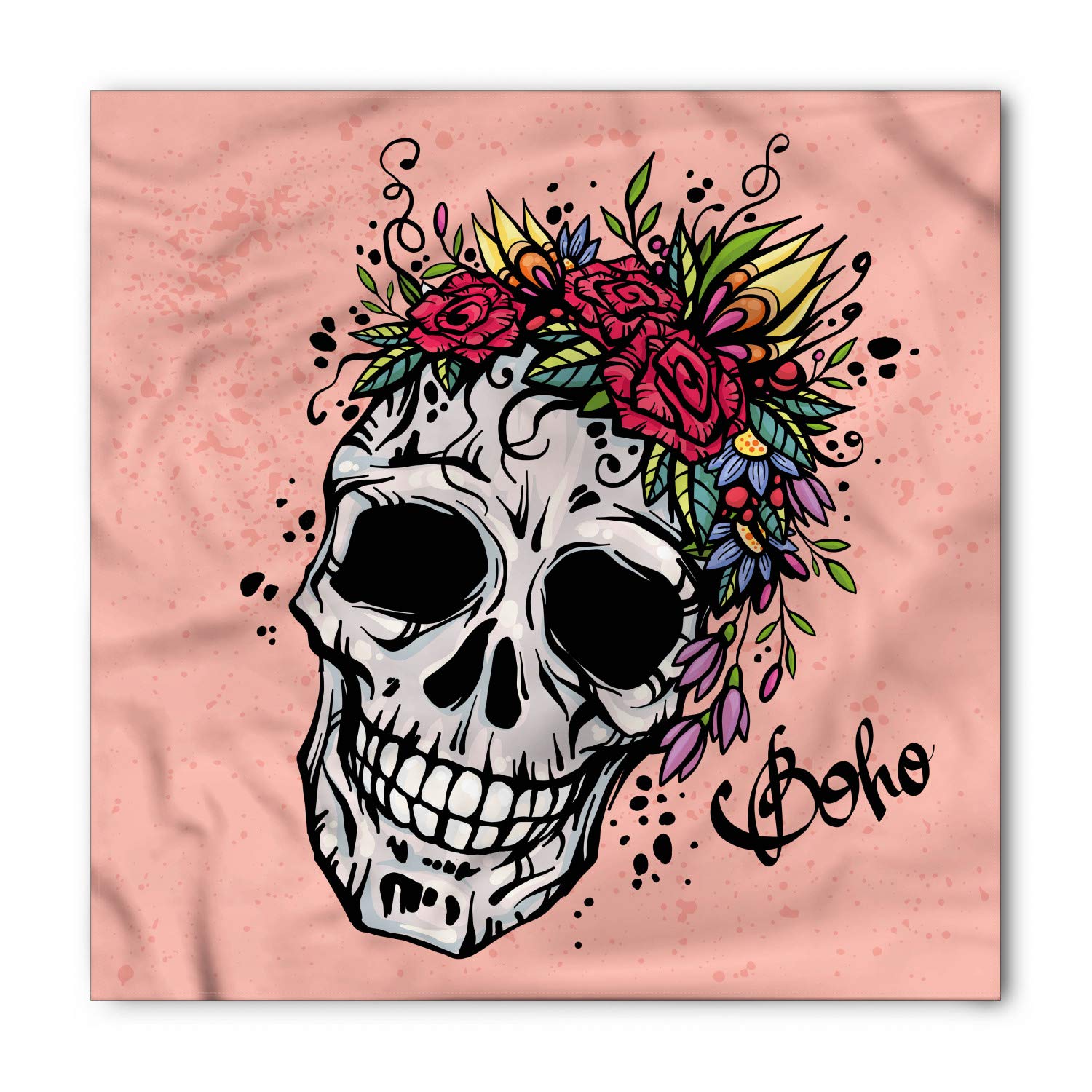 Ambesonne Rose Bandana - Skull Boho Floral Wreath Scarf - Unisex Head & Neck Wrap for Men & Women - Perfect for Outdoor Adventures, Concerts, and Fashion Accessories
