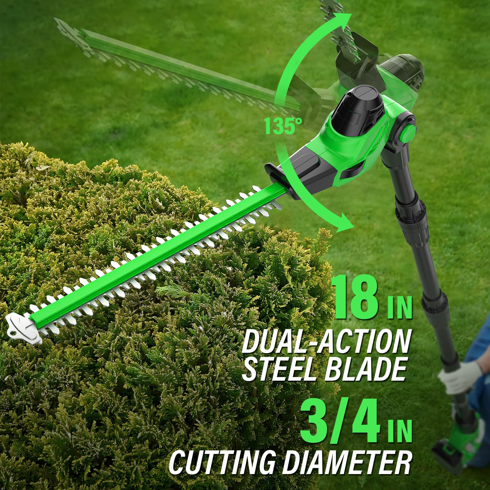 SOYUS 18-Inch Cordless Pole Hedge Trimmer with Extension Pole - 15-Foot Max Reach, Multi-Angle Adjustment, 2.0Ah Battery & Charger Included - Perfect for Tall Hedges, Bushes, and Hard-to-Reach Landscaping Areas