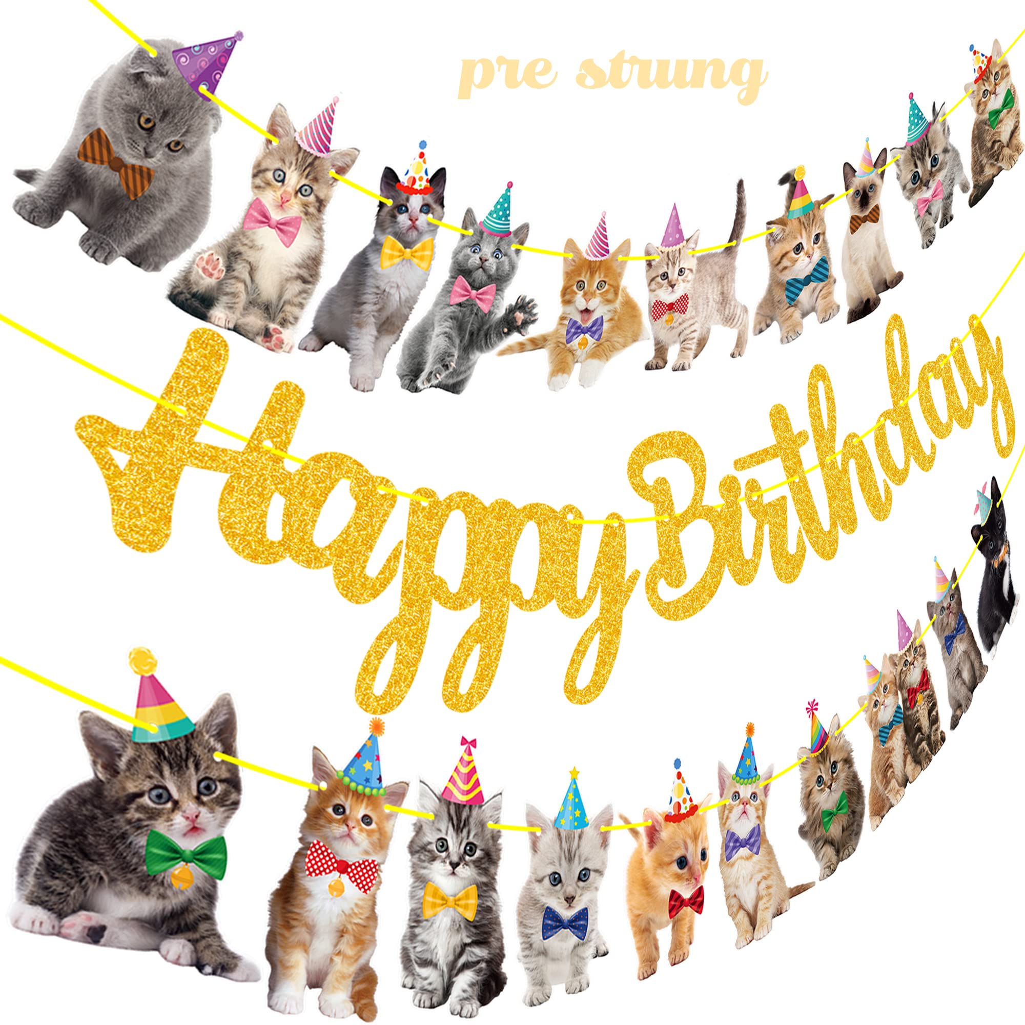 Gold Glitter Happy Birthday Banner for Cat & Kitten Theme Party Decorations - Pet Birthday Party Supplies for Indoor & Outdoor Celebrations