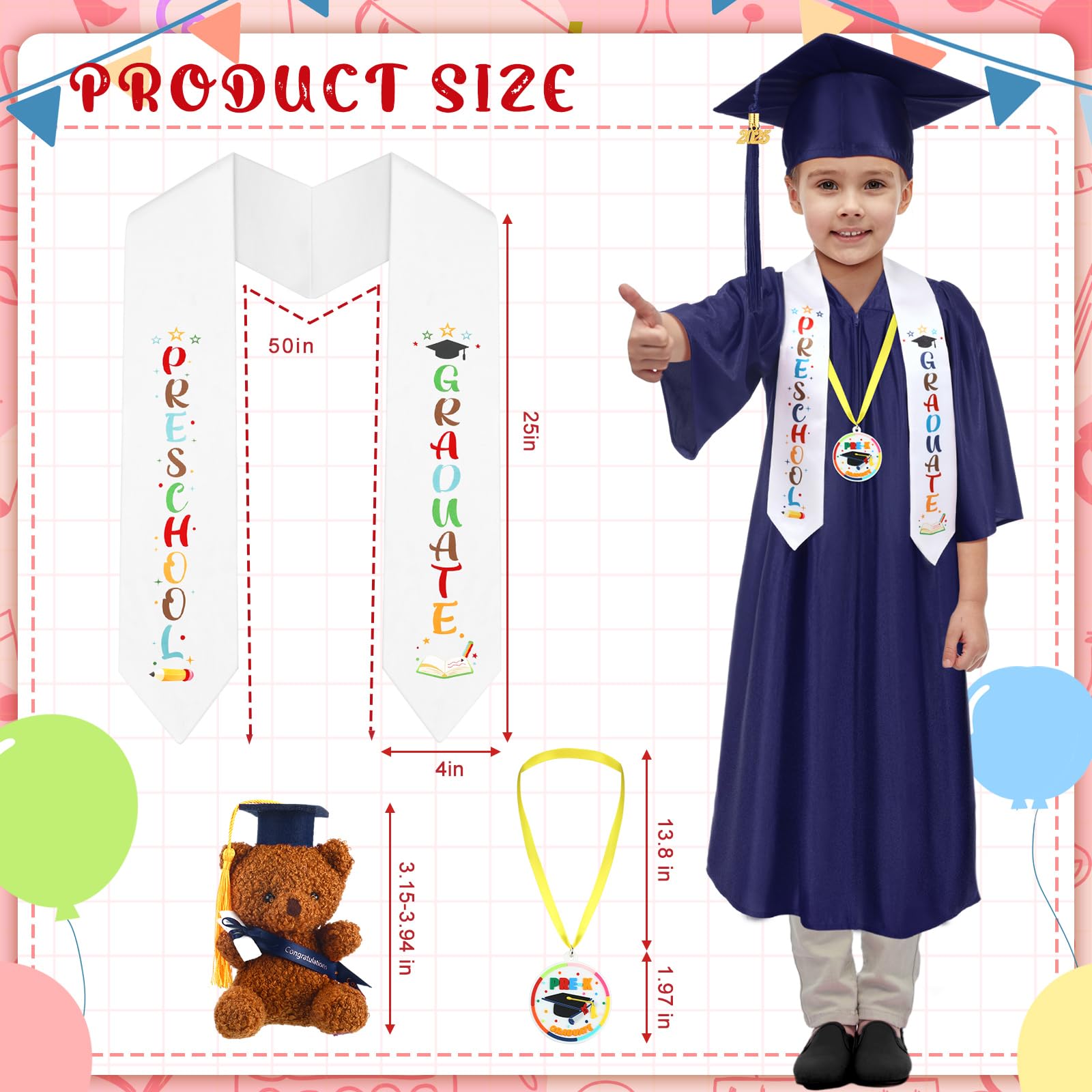 60 Pcs Preschool & Kindergarten Graduation Cap Gown Set with 2025 Tassel, Stole, Certificate & Medal Bear - Perfect for Kids Graduation Ceremony, Photo Shoot & School Events