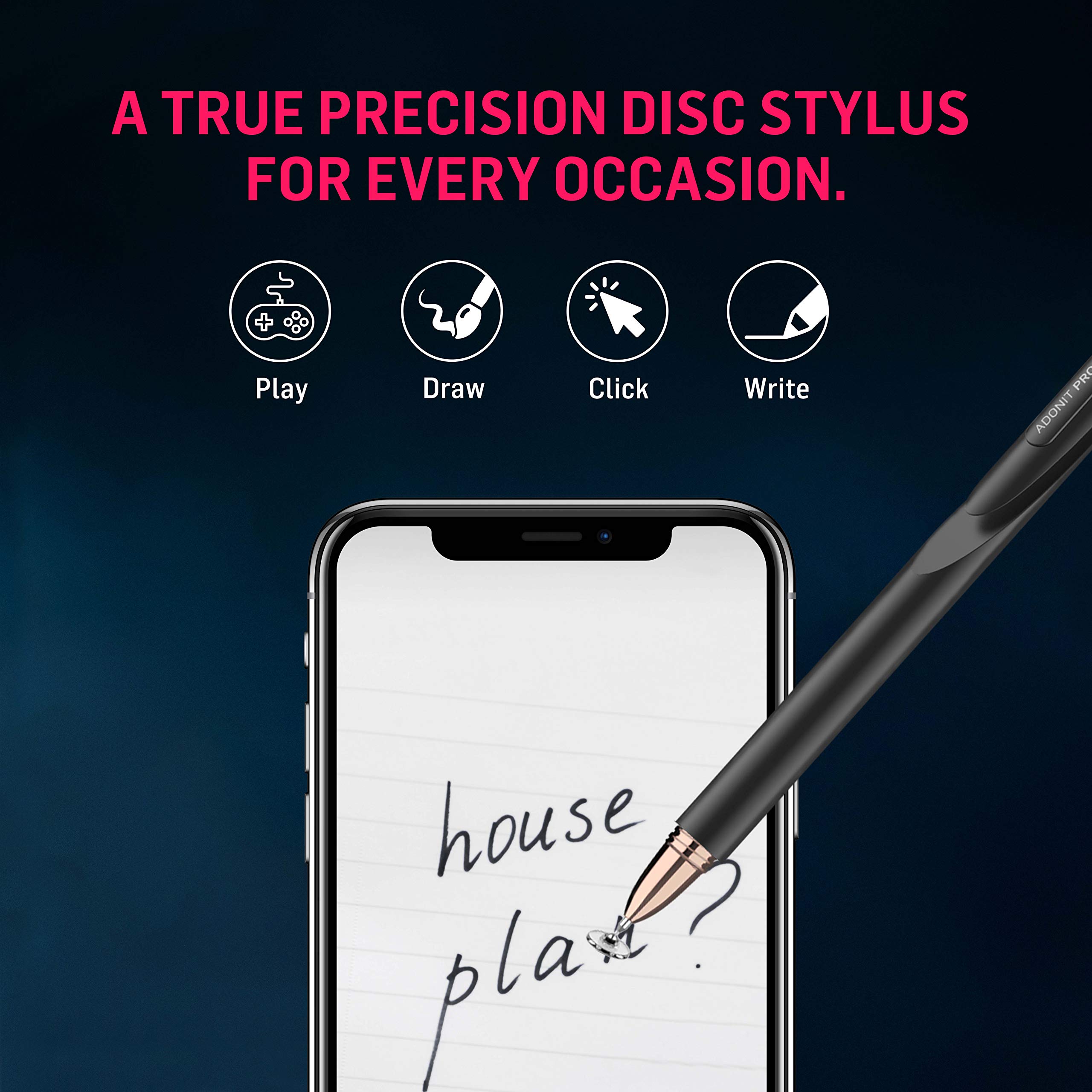 Adonit Pro 4 (Black) Premium Stylus Pen for iPad, iPhone & Android - Ultra Precise Fine Point Stylus with Palm Rejection - Perfect for Drawing, Note Taking & Digital Art on Touchscreen Devices