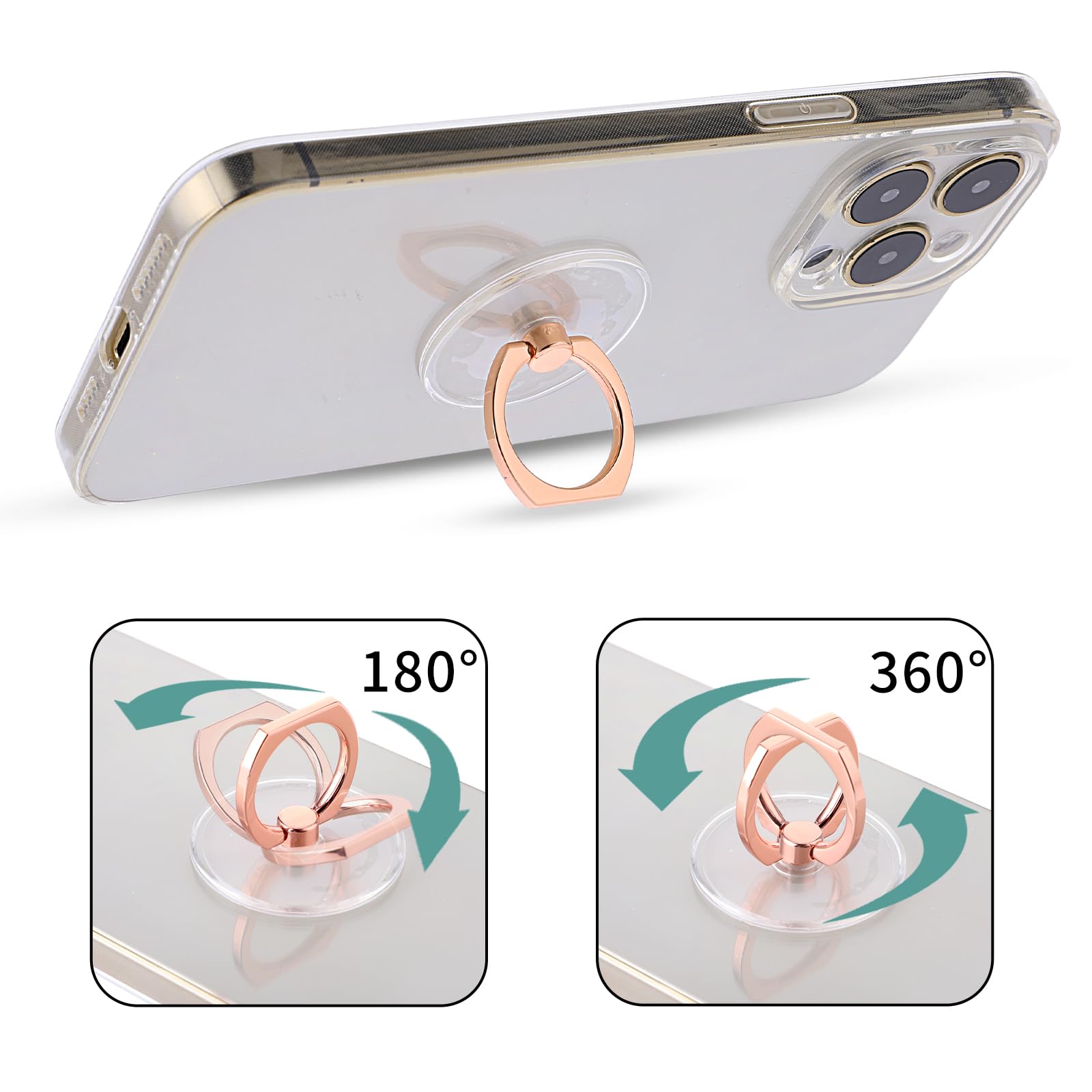 360° Rotating Transparent Phone Ring Holder - Finger Kickstand Grip for Cell Phones & Tablets (Rose Gold) | Perfect for Hands-Free Viewing, Secure Grip & Multi-Angle Adjustments