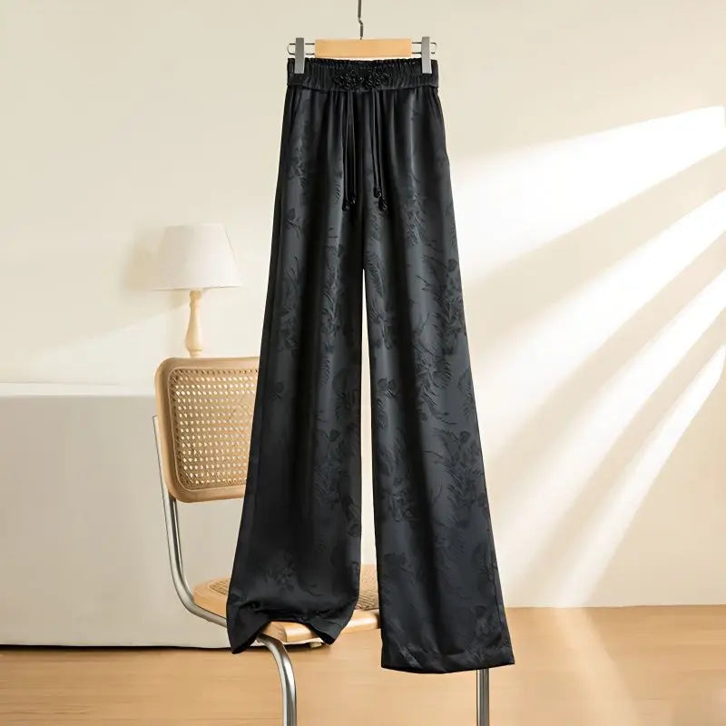 Vintage Black High Waist Wide Leg Pants for Women - Elastic Waist with Lace Up Detail, Korean Fashion Loose Trousers, Spring Full Length Casual Pants (Perfect for Office Wear, Date Night & Spring Outfits)
