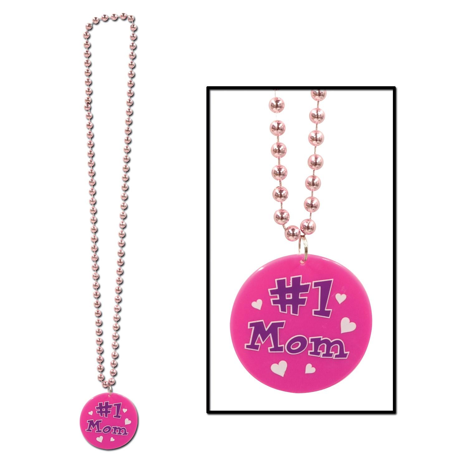 12 Pack Beistle Bead Necklaces with Printed #1 Mom Medallion - Perfect for Mother's Day Gifts, Party Favors, and Costume Accessories