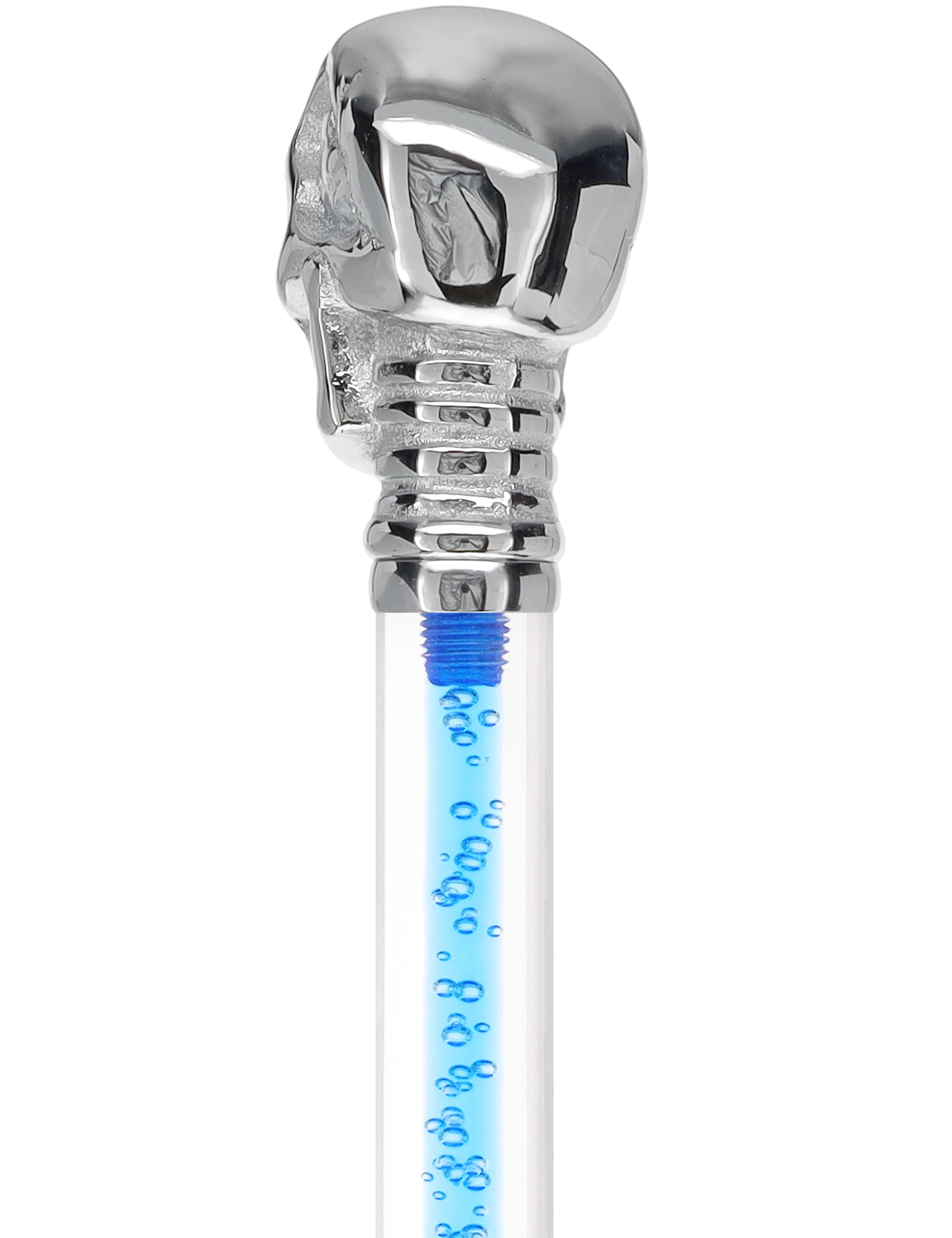 Elegant Chrome Skull Walking Cane with Color Crystal Handle & Invisible Acrylic Shaft - Stylish Mobility Aid for Halloween Costume, Cosplay, or Fashion Accessory