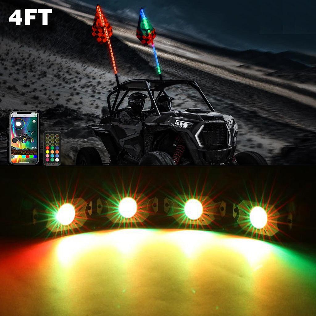 2Pcs 4FT RGB LED Whip Lights with Turn Signal & Brake Light + RGB LED Rock Lights Set - Bluetooth Controlled Car Underglow & Exterior Lighting for Off-Road Trucks, Jeeps & ATVs - Perfect for Night Driving, Car Shows & Off-Road Adventures