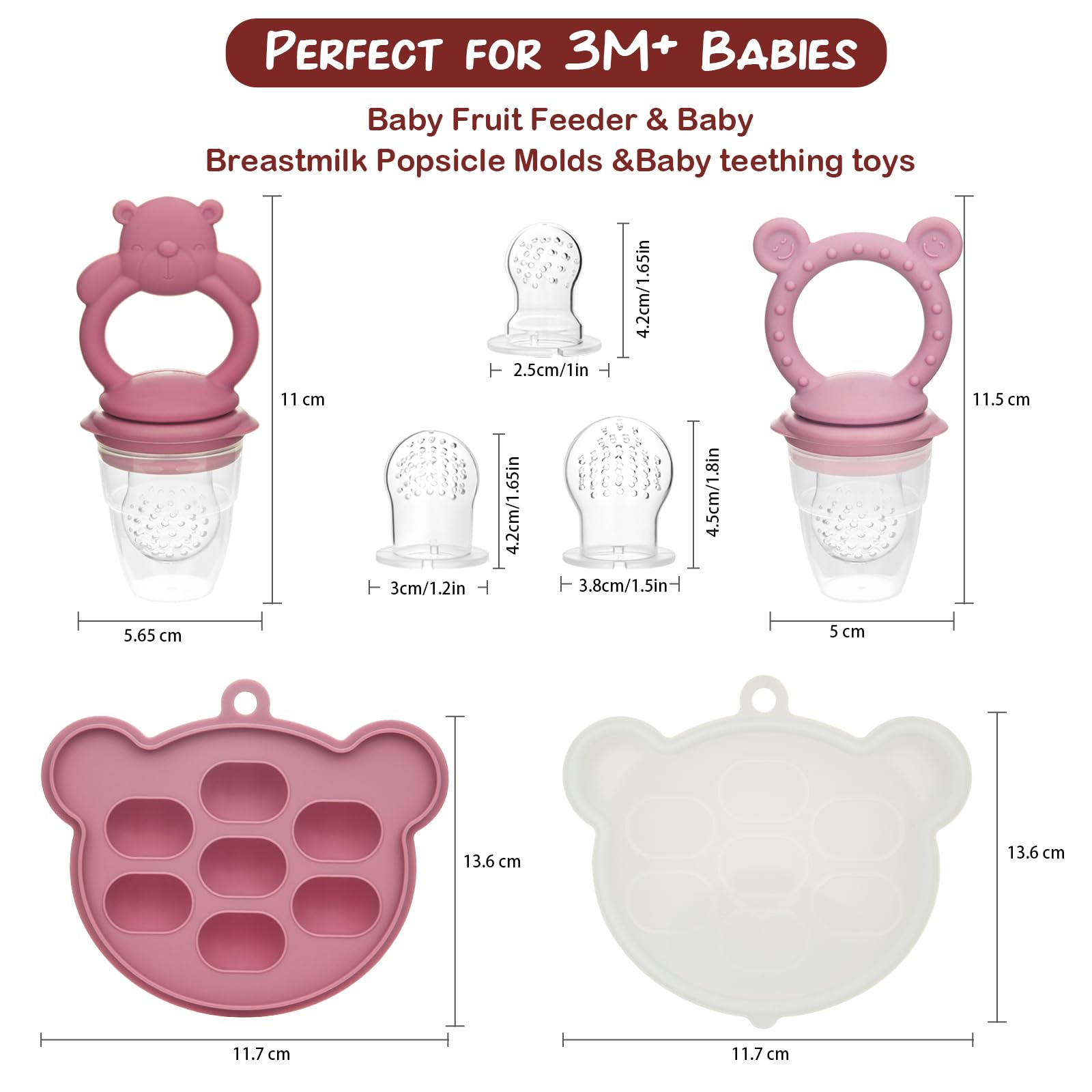 WAJIAYON 4-Pack Silicone Baby Breastmilk Popsicle Molds & Fruit Feeder - BPA-Free Freezer Storage Containers, Teething Pacifier and Soother for Infants - Perfect for Homemade Puree, Breastmilk Storage & Teething Relief (Pink)