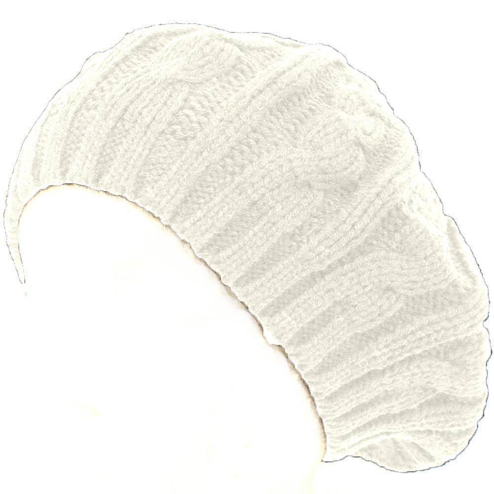 Warm Cable Knit Winter Ski Beret Hat for Women & Men - Soft Knit Tam Skull Cap in White - Perfect for Skiing, Snowboarding & Cold Weather Fashion
