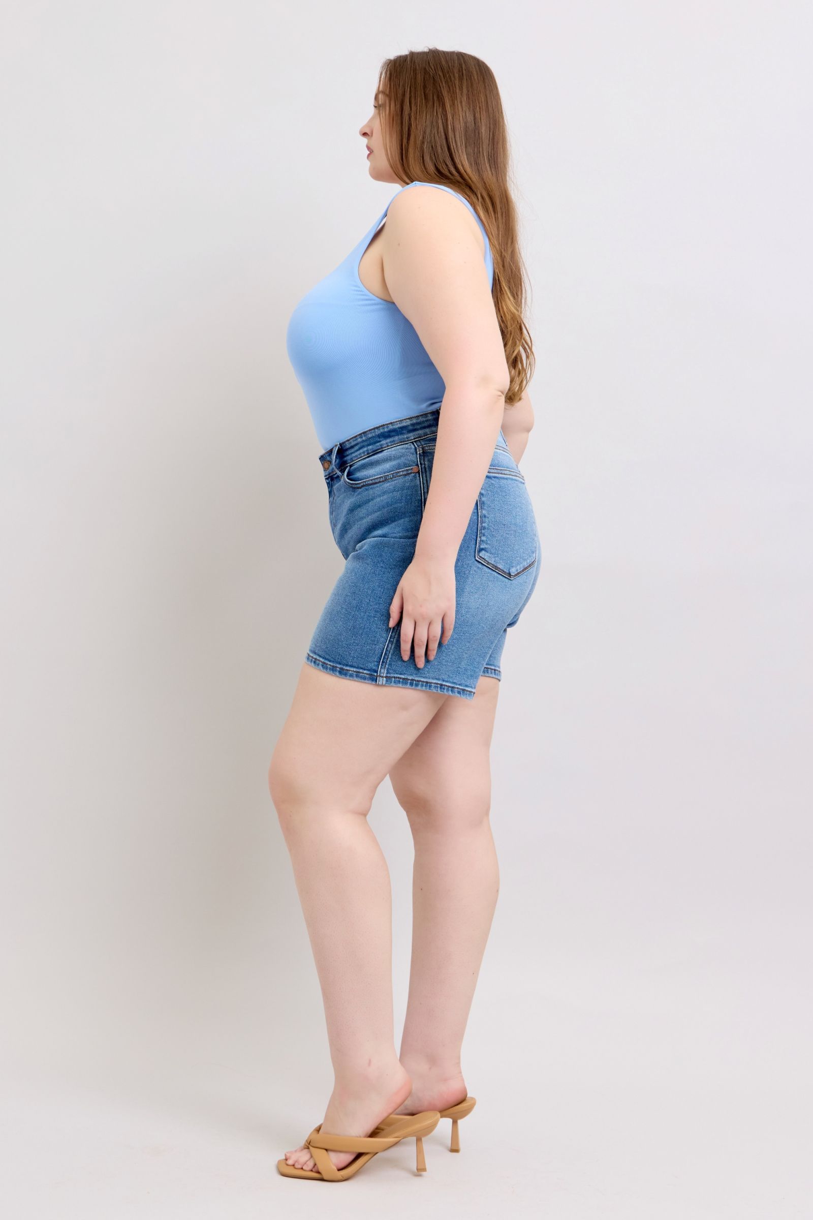 Judy Blue Women's High Waisted 2 Button Denim Shorts with Pockets - Comfortable Stretch Jeans for Summer, Casual Wear & Outfits