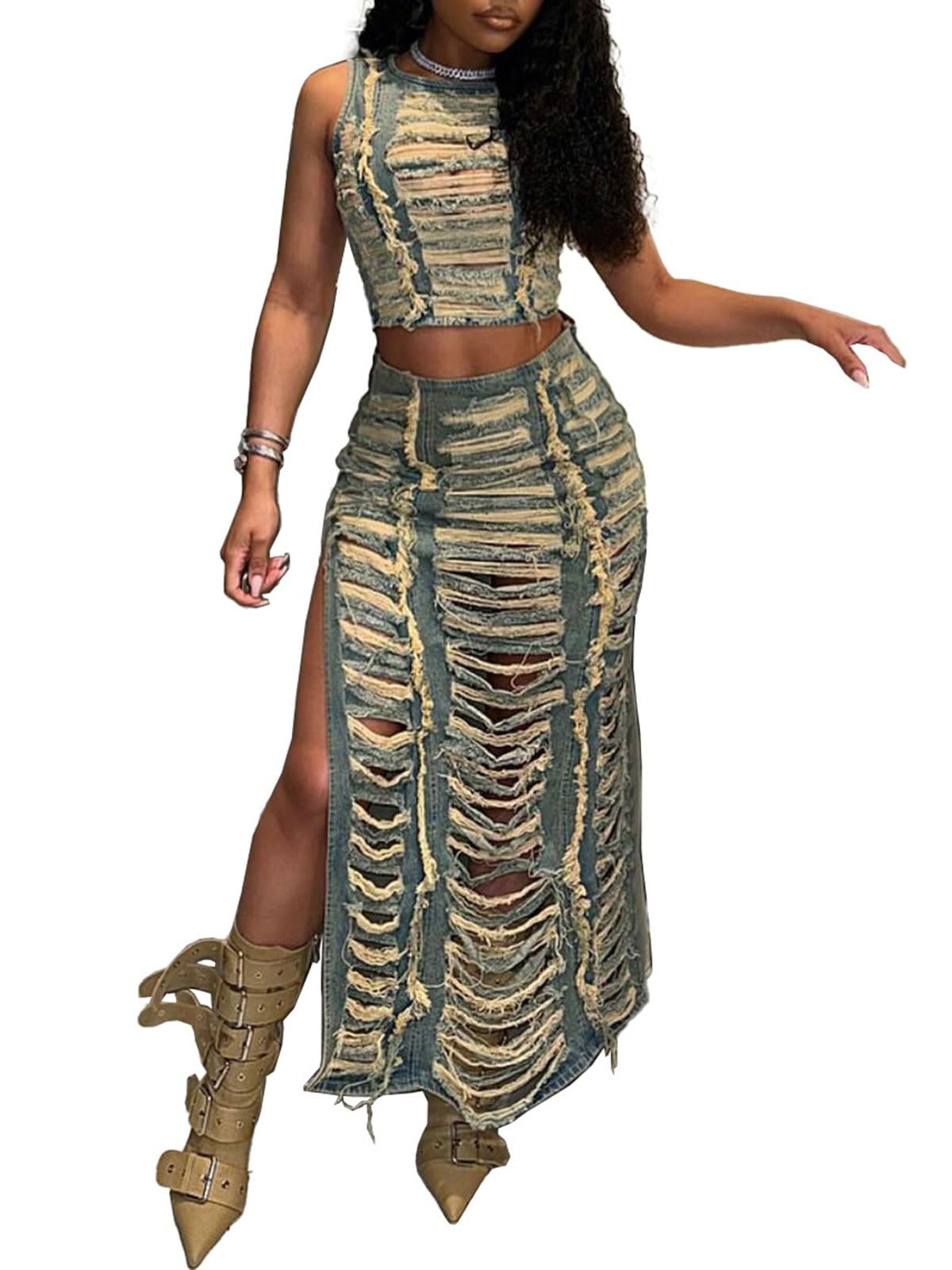 Women's Sexy 2-Piece Denim Outfit - Hollow Out Tank Top & High Slit Ripped Distressed Jean Skirt Set (Blue, X-Large) | Perfect for Summer Outings, Date Nights & Casual Streetwear