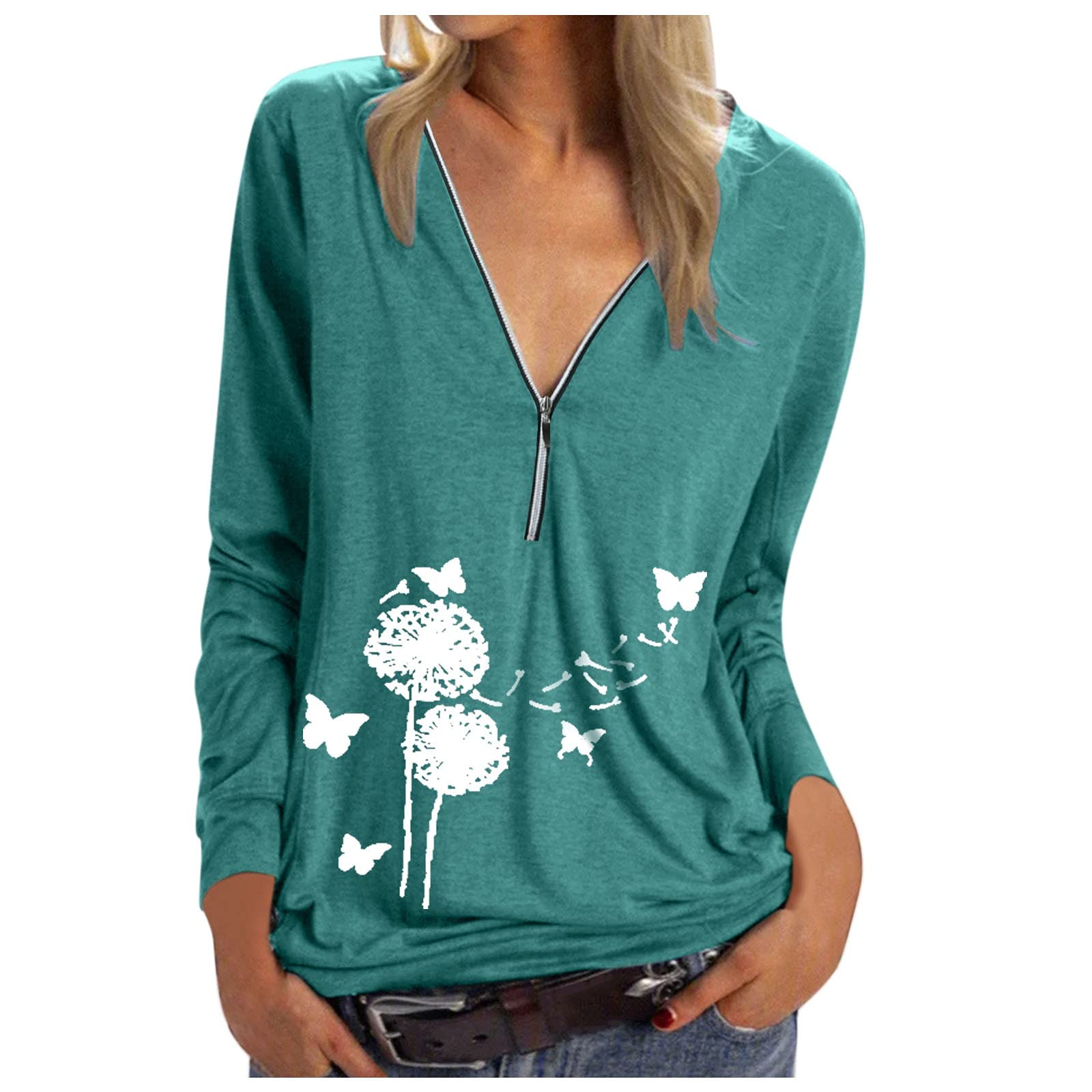 FMCHICO Women's Long Sleeve V-Neck T-Shirt - Soft Fall Sleepwear & Casual Tunic Top with Floral Print - Perfect for Lounge Wear, Yoga, and Everyday Comfort