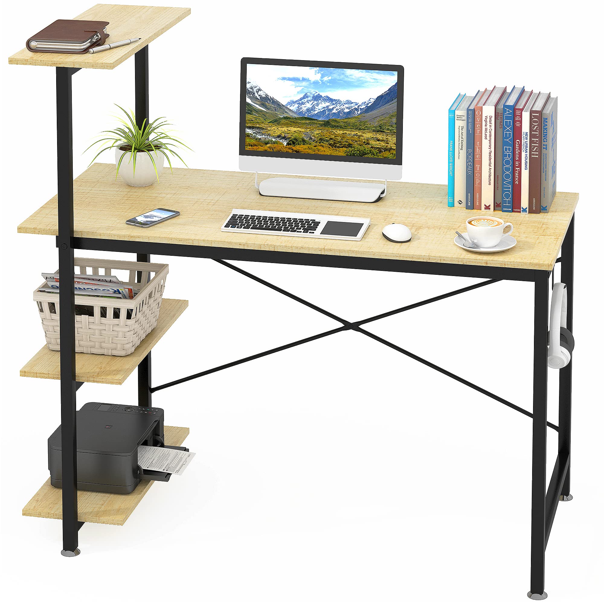 47 Inch Computer Desk with Storage Shelves - Home Office Study Writing Table with Reversible 4-Tier Bookshelf & Headphone Hook - Perfect for Working, Gaming, Writing & Online Learning in Small Spaces