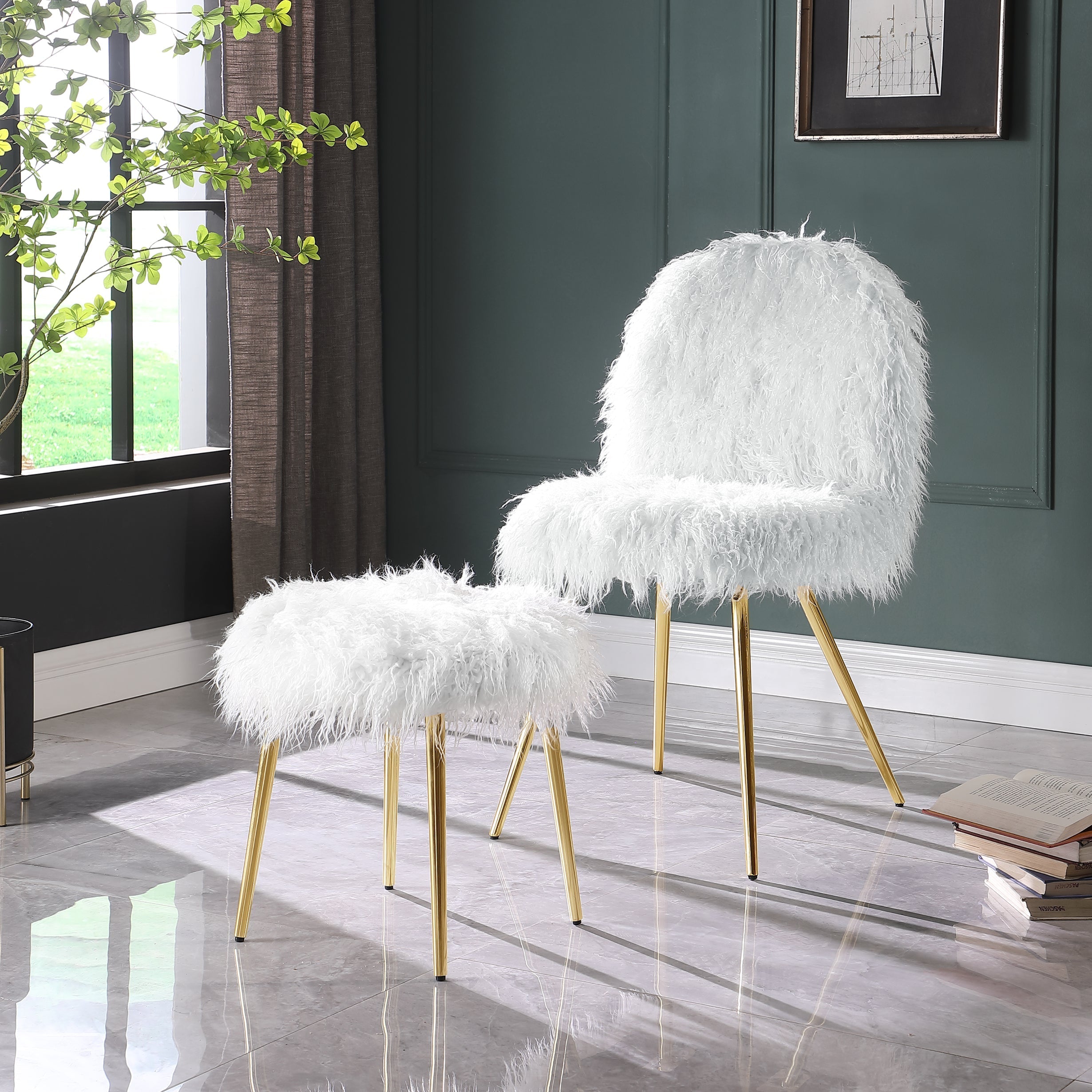 Roundhill Furniture Ravni Faux Fur Accent Chair with Ottoman - Cozy Modern Living Room Seating for Home Office, Bedroom or Reading Nook