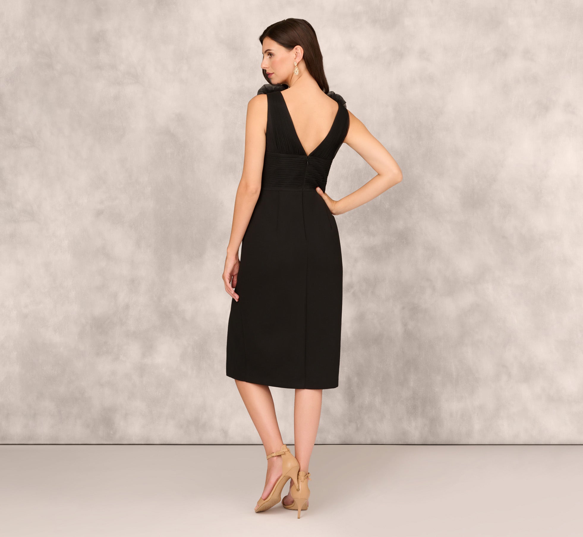 Black Sleeveless Sheath Dress with Ruffle Accents - Elegant Cocktail Party & Office Wear for Women