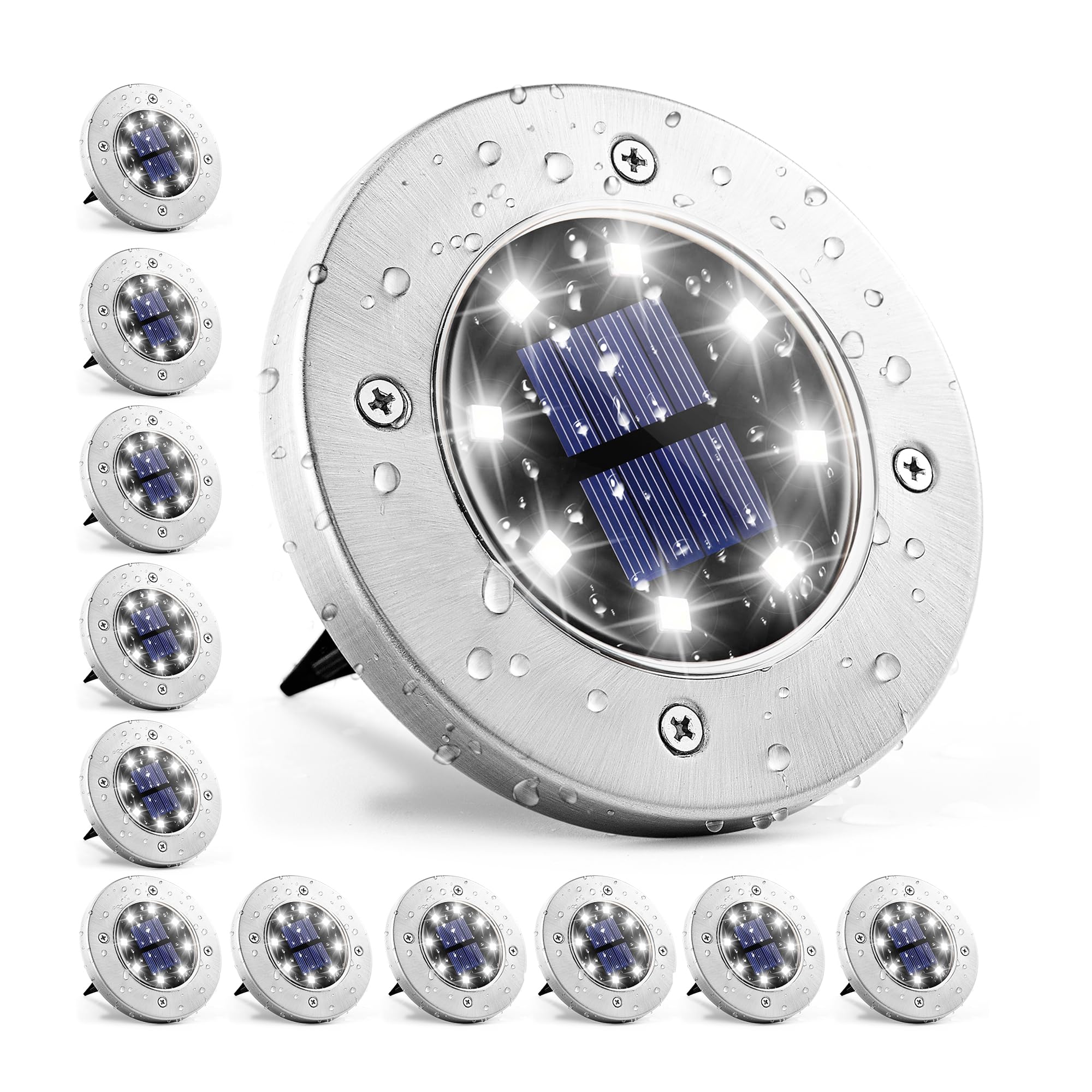 GIGALUMI 12 Pack Solar Ground Lights - 8 LED Waterproof Outdoor Solar Garden Lights for Pathway, Yard, Lawn, Patio & Walkway | Automatic Solar Powered In-Ground Landscape Lighting (Cold White) | Perfect for Garden Decoration, Driveway Marking & Backyard Illumination