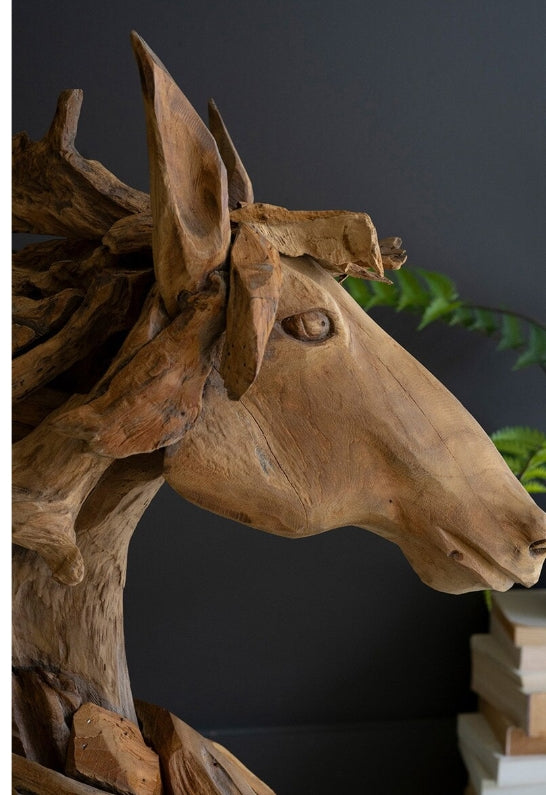 Hand Carved Teakwood Horse Head Sculpture with Wooden Base - Elegant Home Decor for Living Room, Office, or Garden