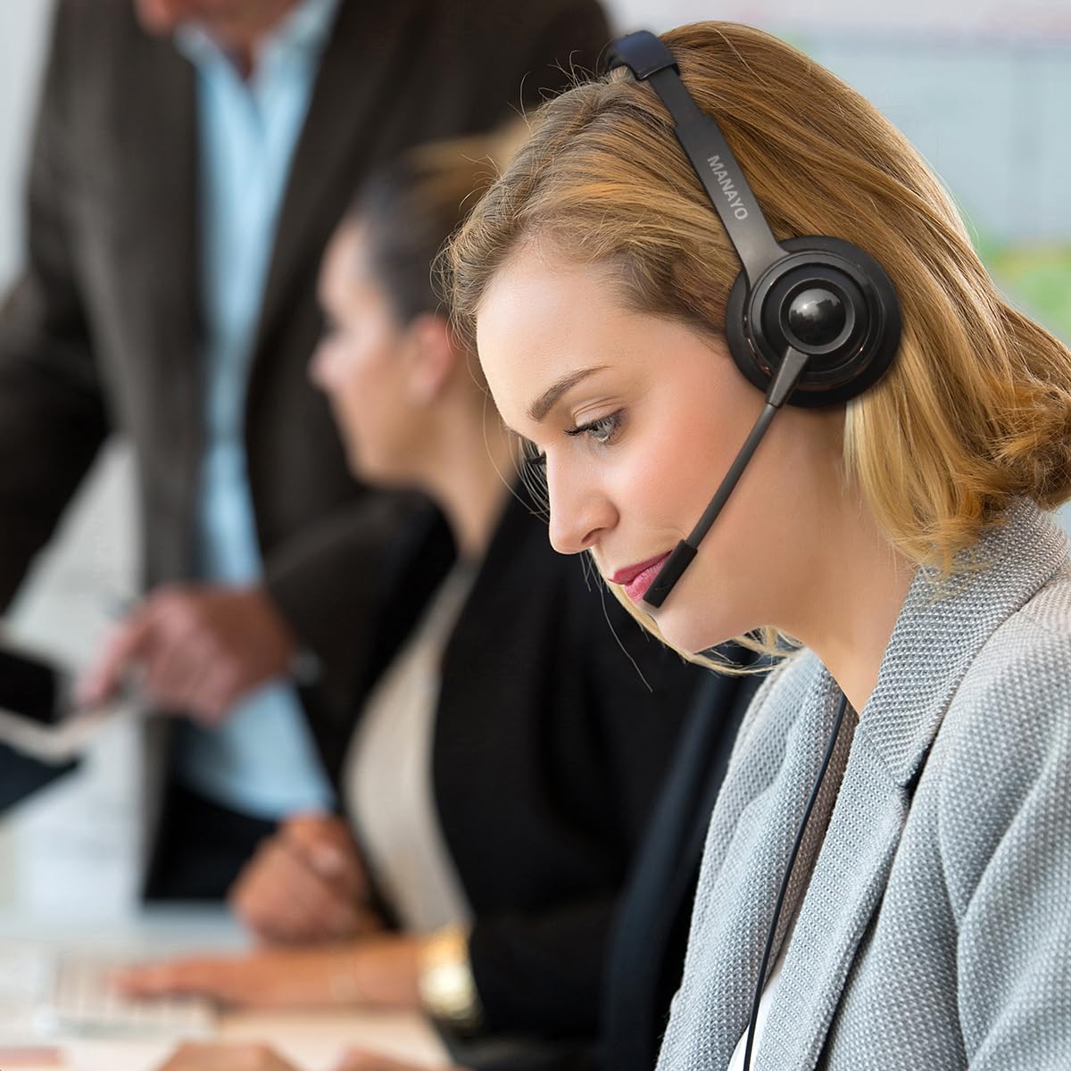 Wireless Bluetooth Headset with Noise Cancelling Mic - Single Ear Headphone for Truckers, Customer Service & Office Work - Compatible with Zoom, Skype, Cell Phones & Laptops (Perfect for Long Calls & Online Meetings)