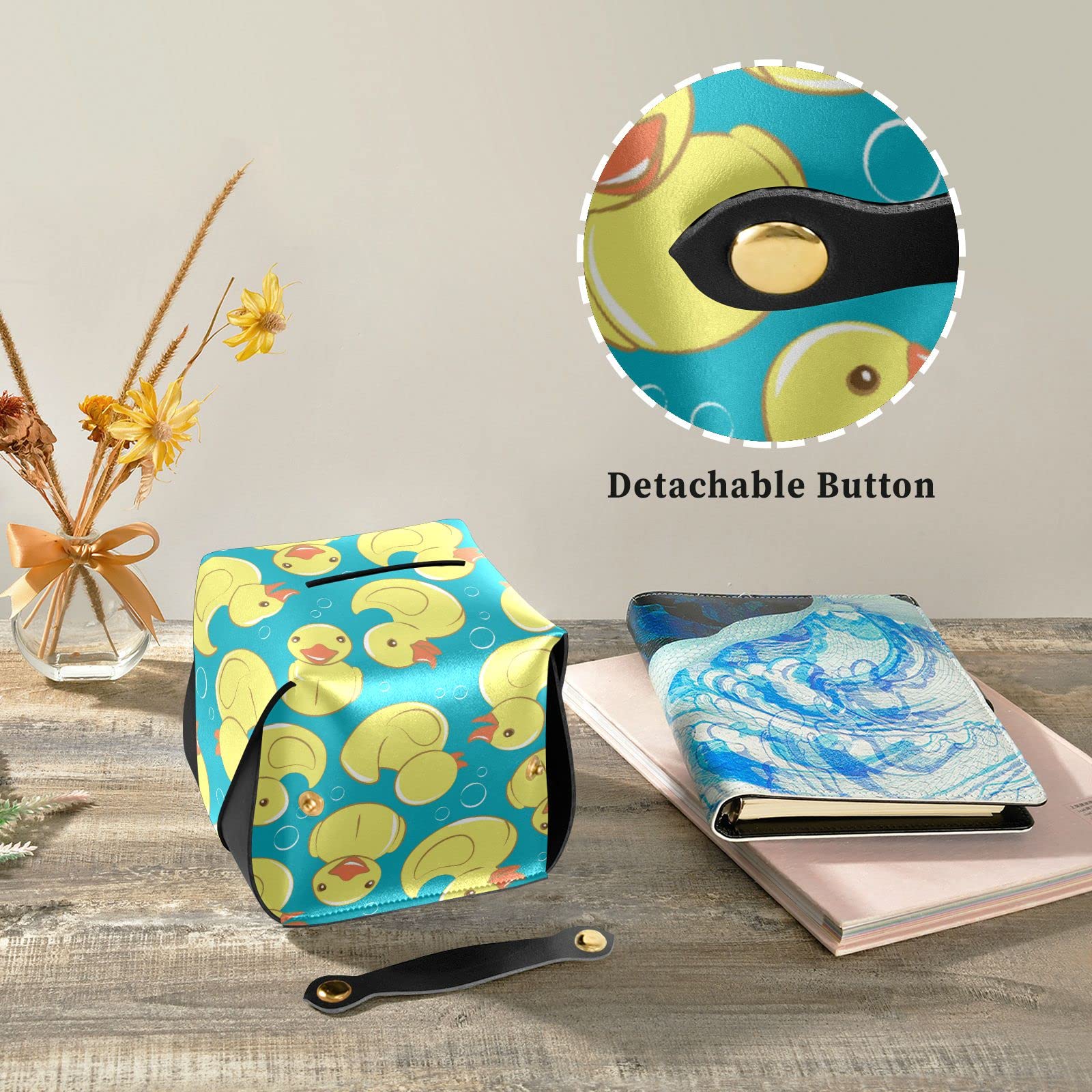 Yellow Rubber Duck Tissue Box Cover - PU Leather Square Napkin Holder with Handle for Office, Car, Bathroom & Home Decor - Cute Duck Design for Kids Room, Baby Shower Gift & Party Decorations