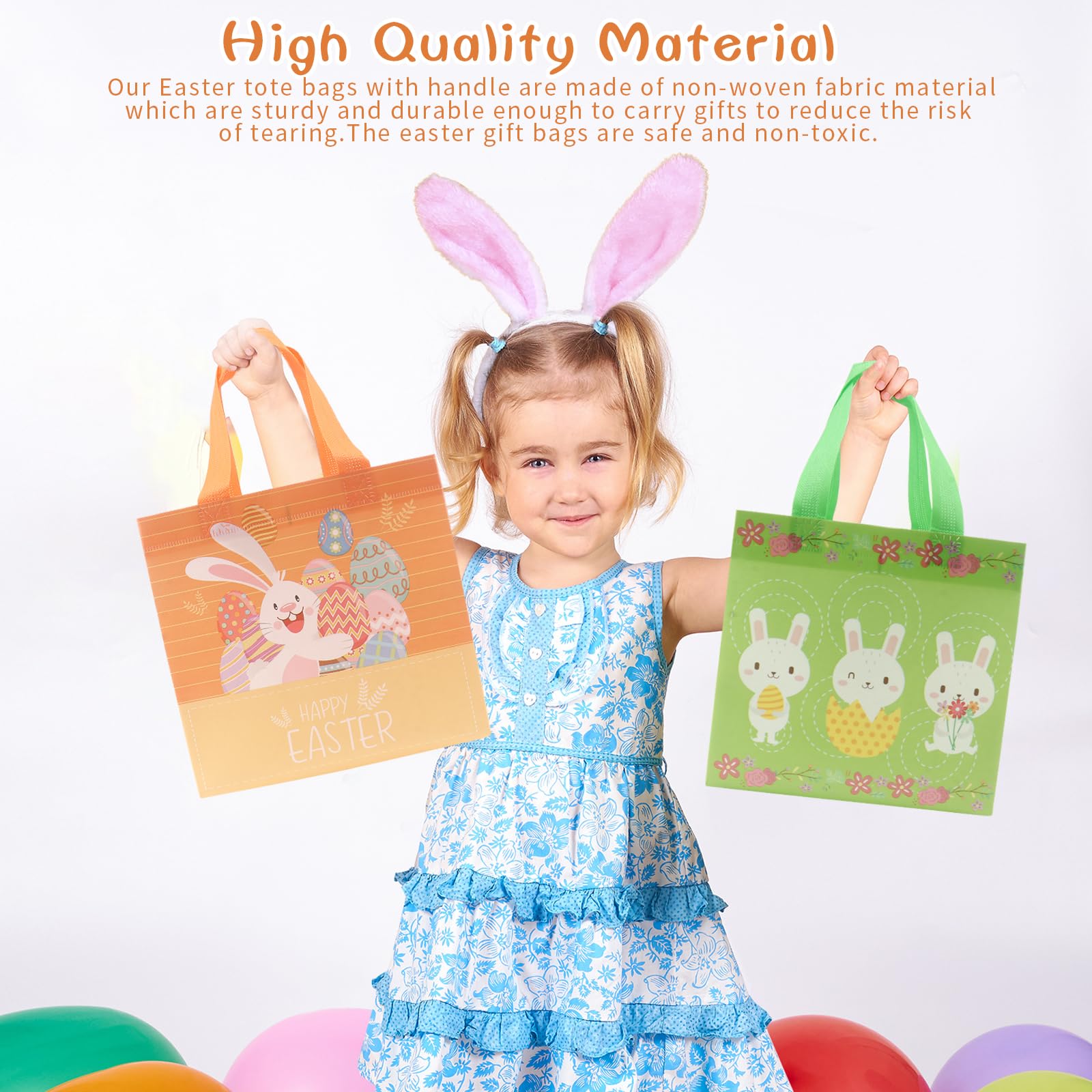 16PCS Easter Gift Bags for Kids - Reusable Bunny Egg Tote Bags with Handles for Easter Egg Hunt Party Supplies | Easter Basket Stuffers, Classroom Treat Bags, Spring Celebration Favors