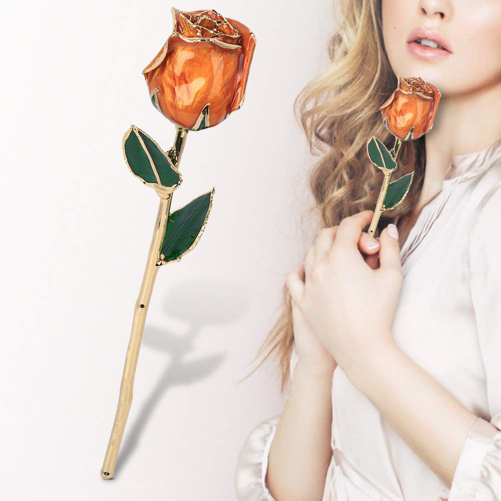 24K Gold Plated Real Rose - Luxury Dipped Flower Gift for Women, Wife, Mom, Grandma - Birthday, Anniversary, Wedding Present - Perfect for Romantic Occasions, Home Decor & Special Celebrations (Orange)